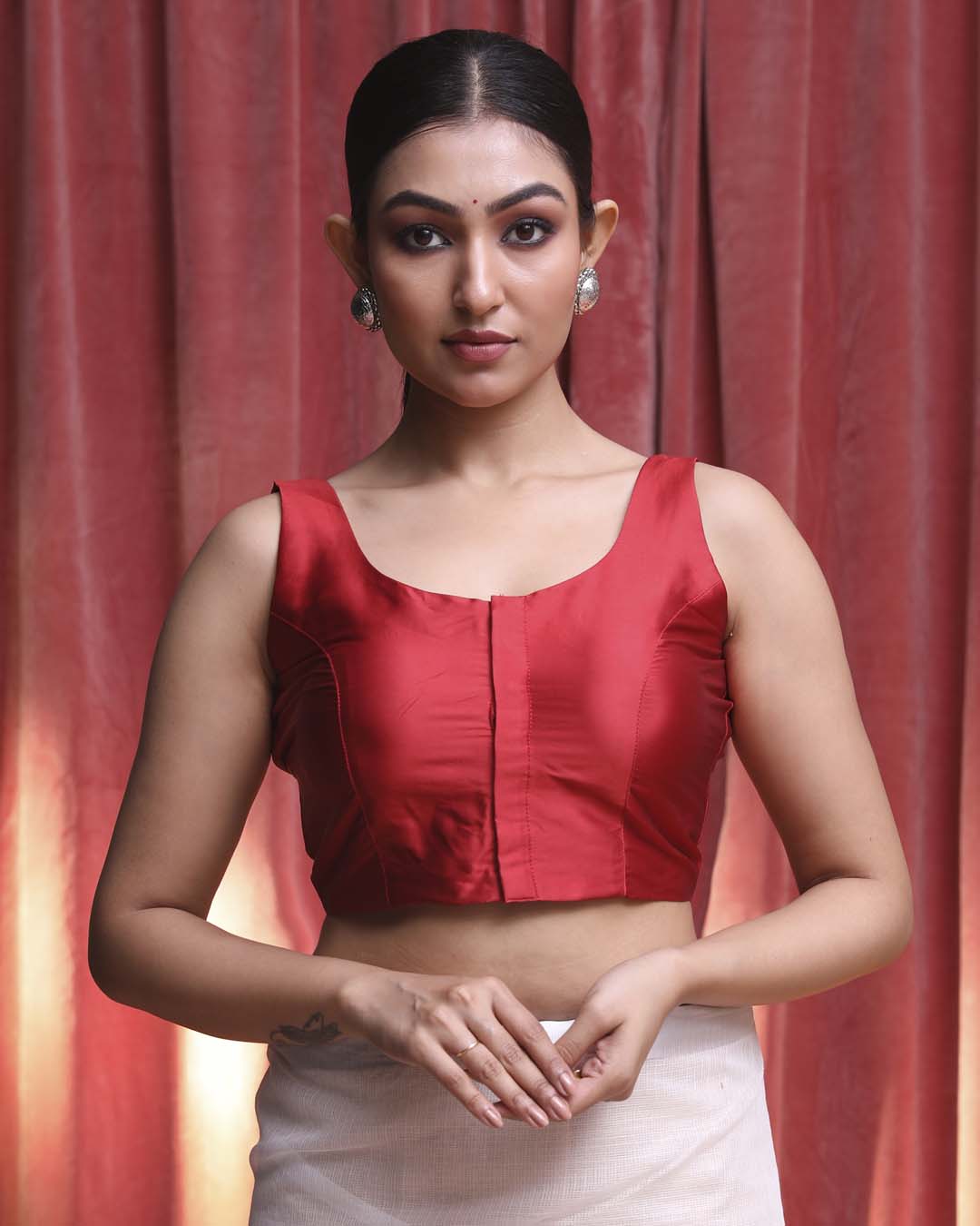 Indethnic Red Daily Wear U-Neck Sleeveless Blouse(DESIGNER SAREE BLOUSE)