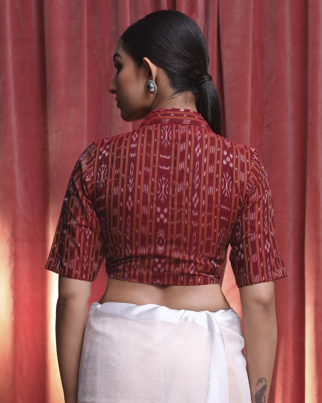 Indethnic Maroon Work Wear Shirt Collar Short Sleeves Blouse(DESIGNER SAREE BLOUSE)