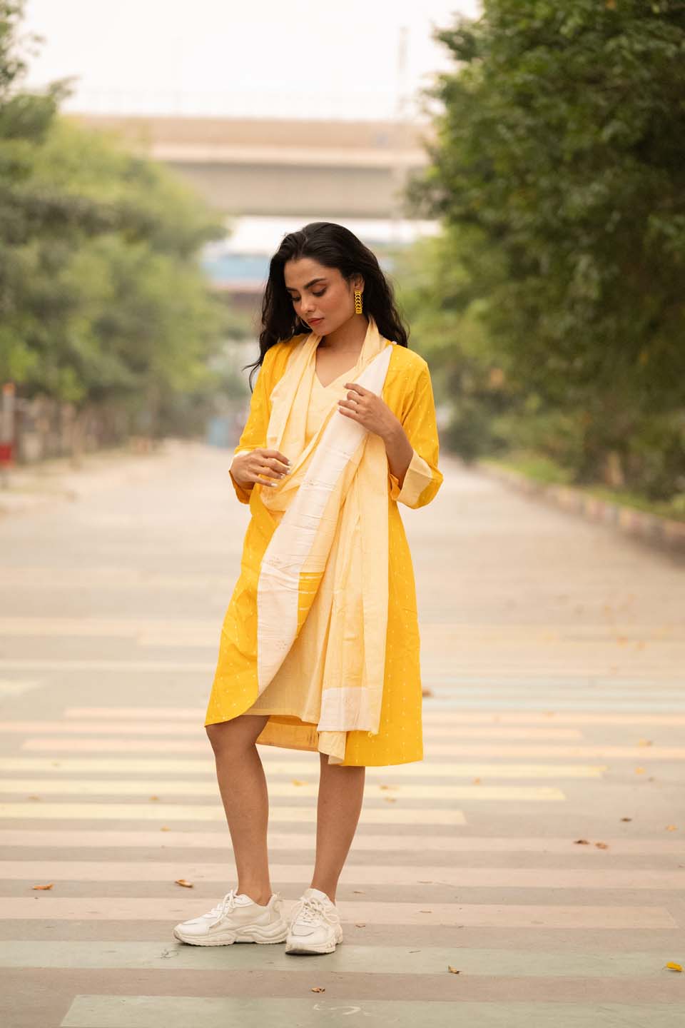 Sun Dot — Cotton Stripe Dress with Dot Shrug and Attached Stole