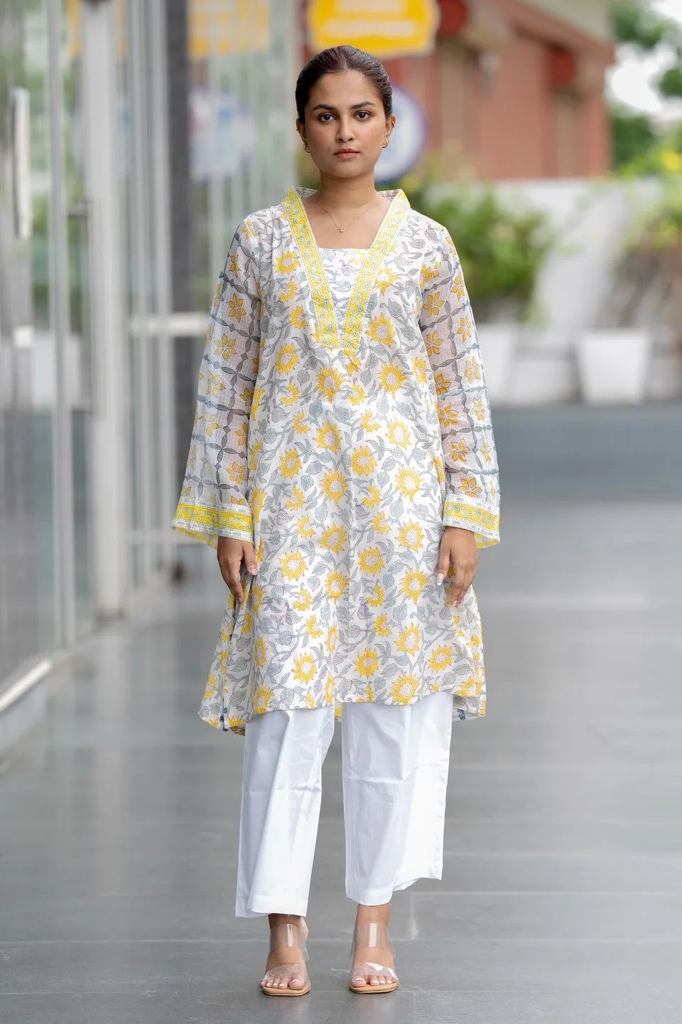 Marigold Mist — Floral Block Print Cotton Kurta with Border Neck