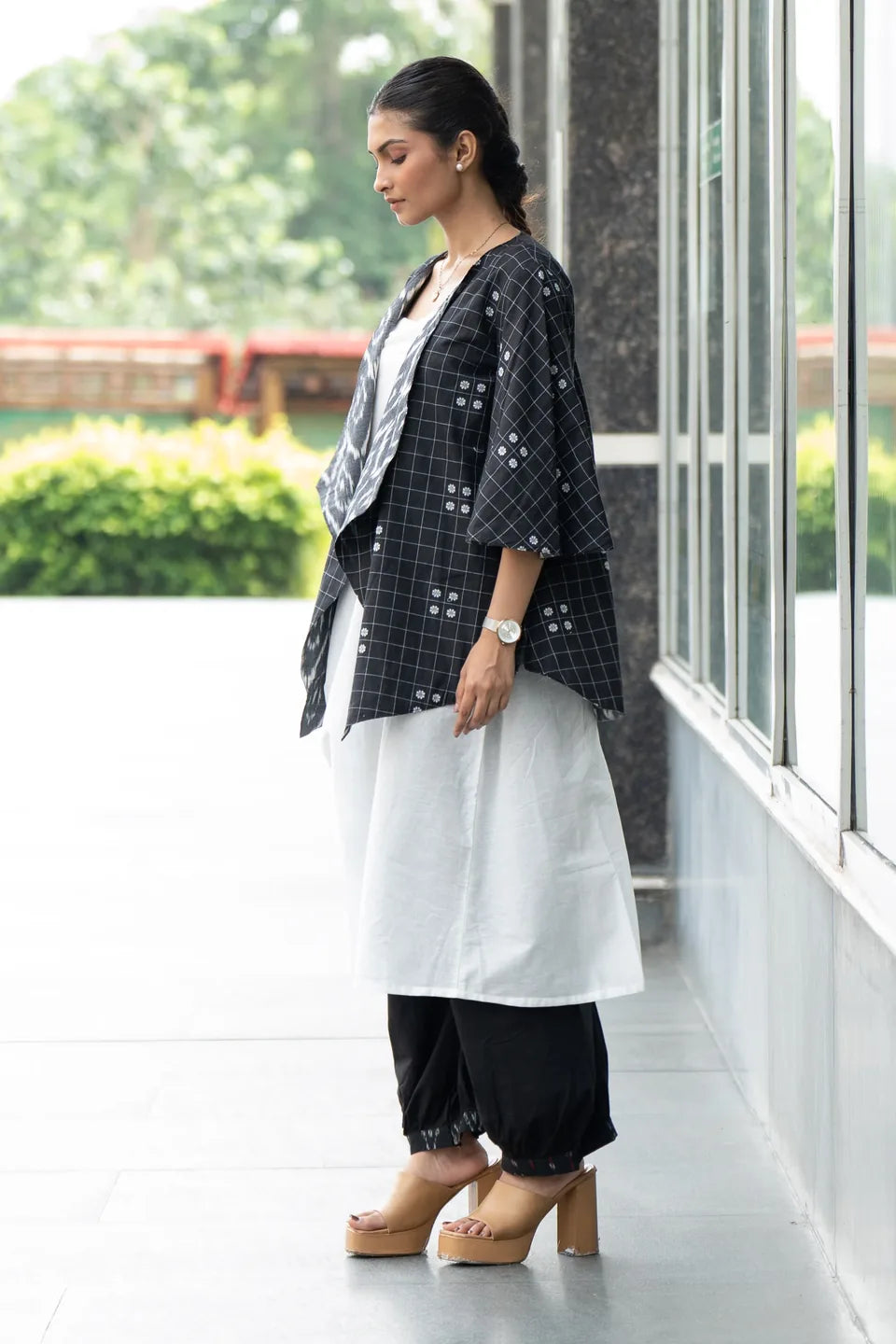 Domino Drape — Reversible Check & Grey Ikat Cotton Waterfall Shrug