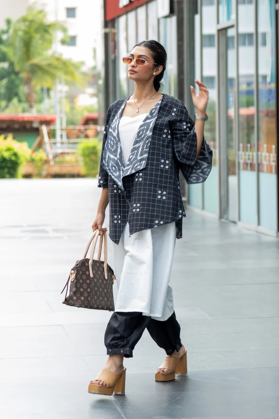 Domino Drape — Reversible Check & Grey Ikat Cotton Waterfall Shrug