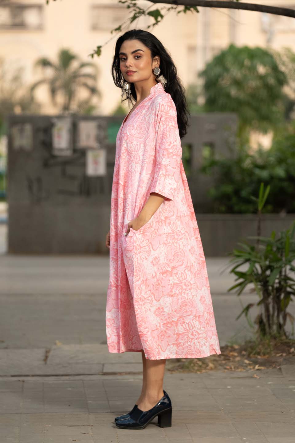 Blush Vine — Block Print Cotton Pleated Kaftan Dress