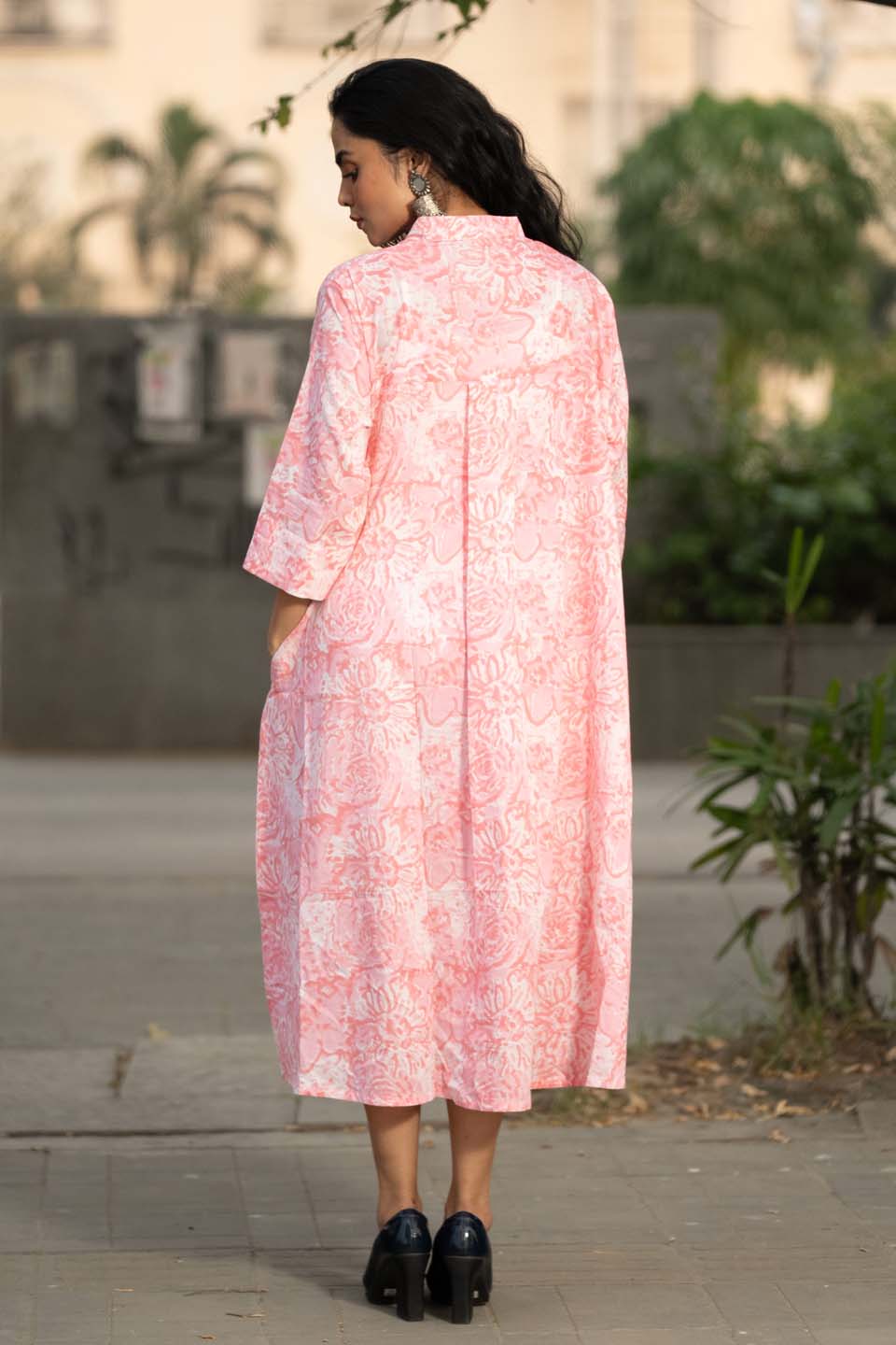 Blush Vine — Block Print Cotton Pleated Kaftan Dress