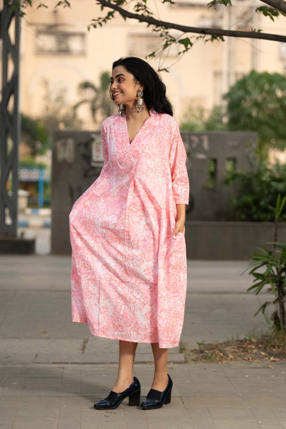 Blush Vine — Block Print Cotton Pleated Kaftan Dress