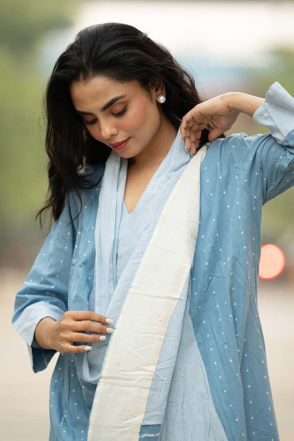 Sky Dot — Cotton Stripe Dress with Dot Shrug and Attached Stole