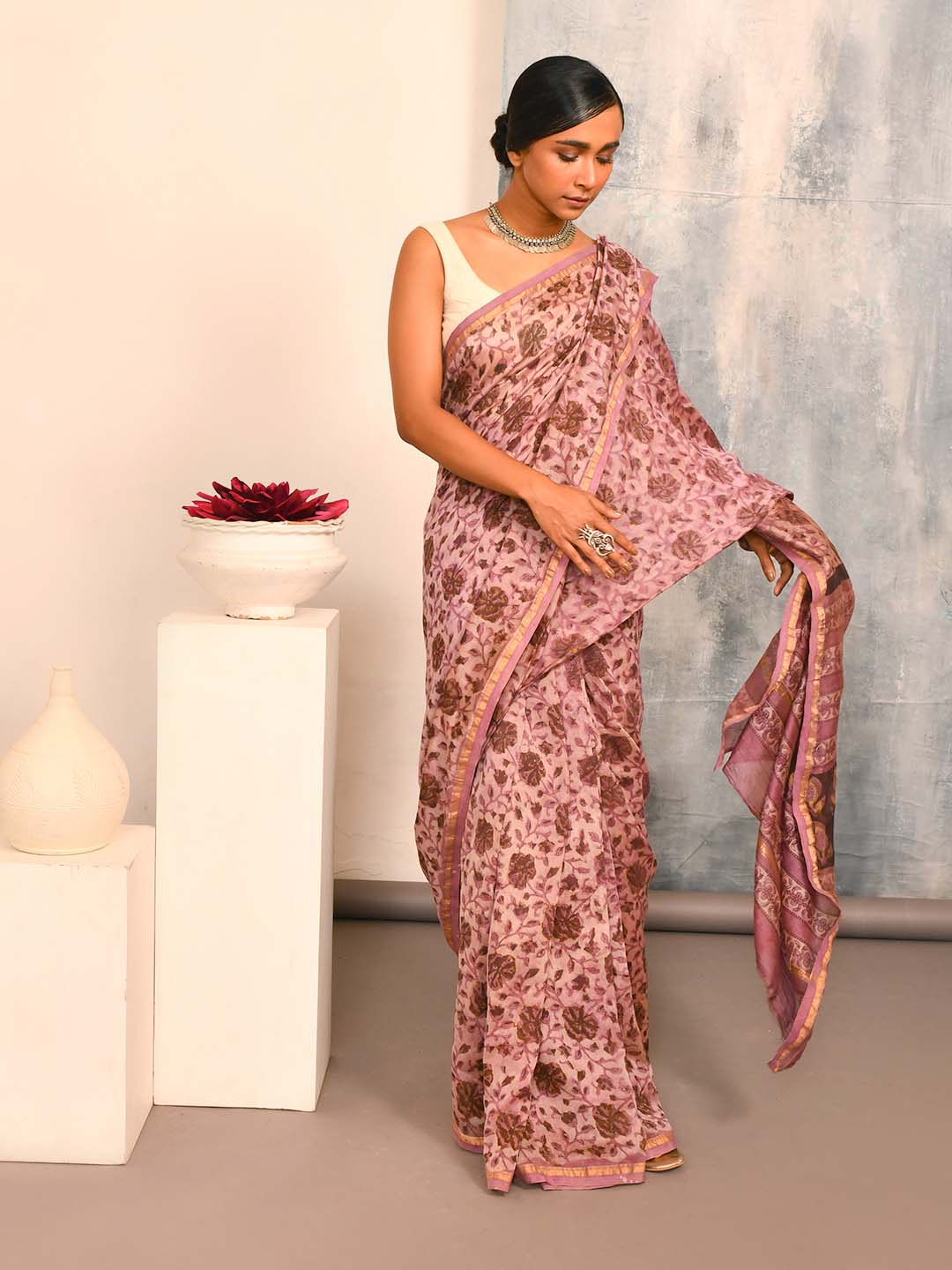BLUSH REVERIE (BAGRU SILK COTTON SAREE)