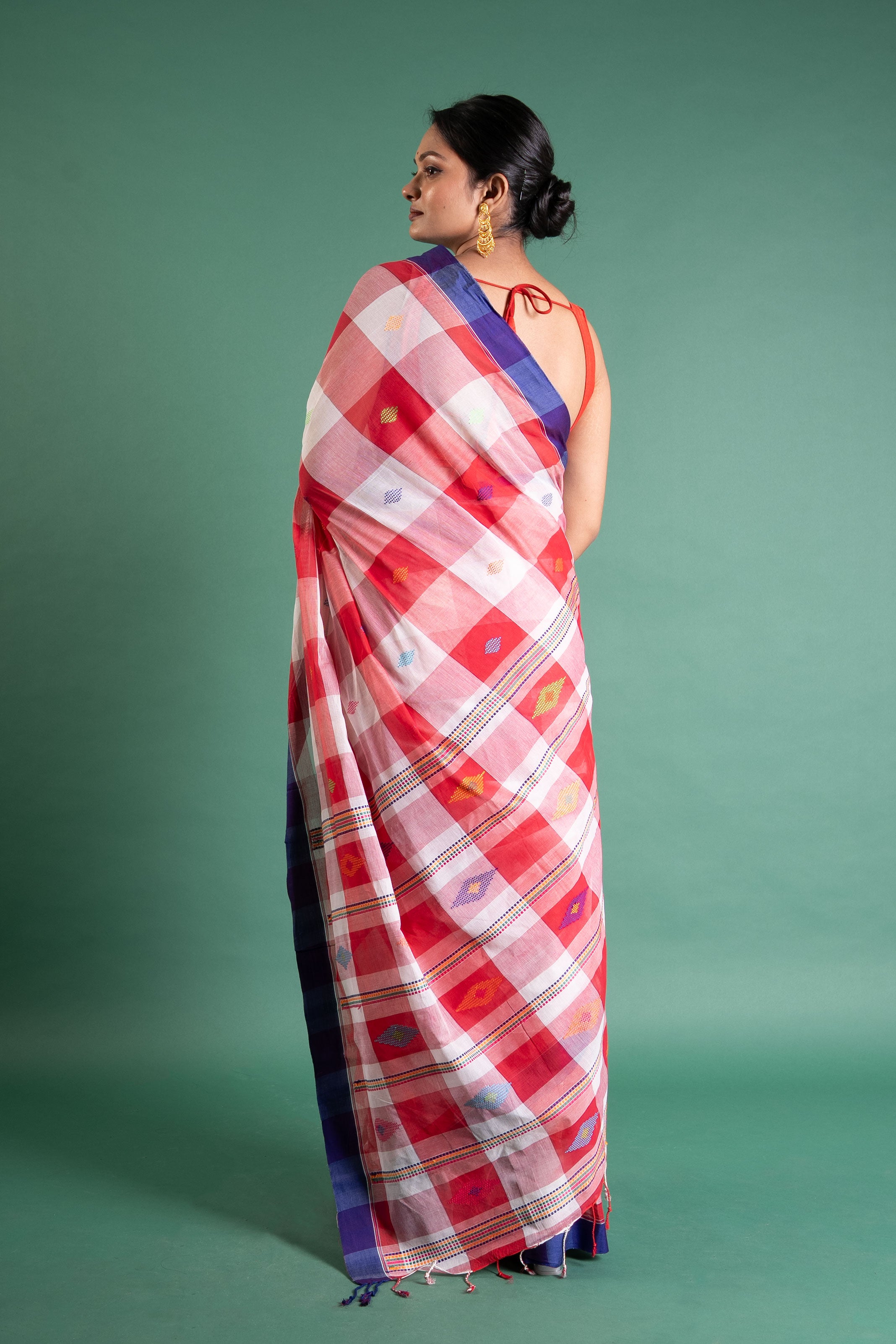 Scarlet Check Handloom Cotton Saree with Indigo Border