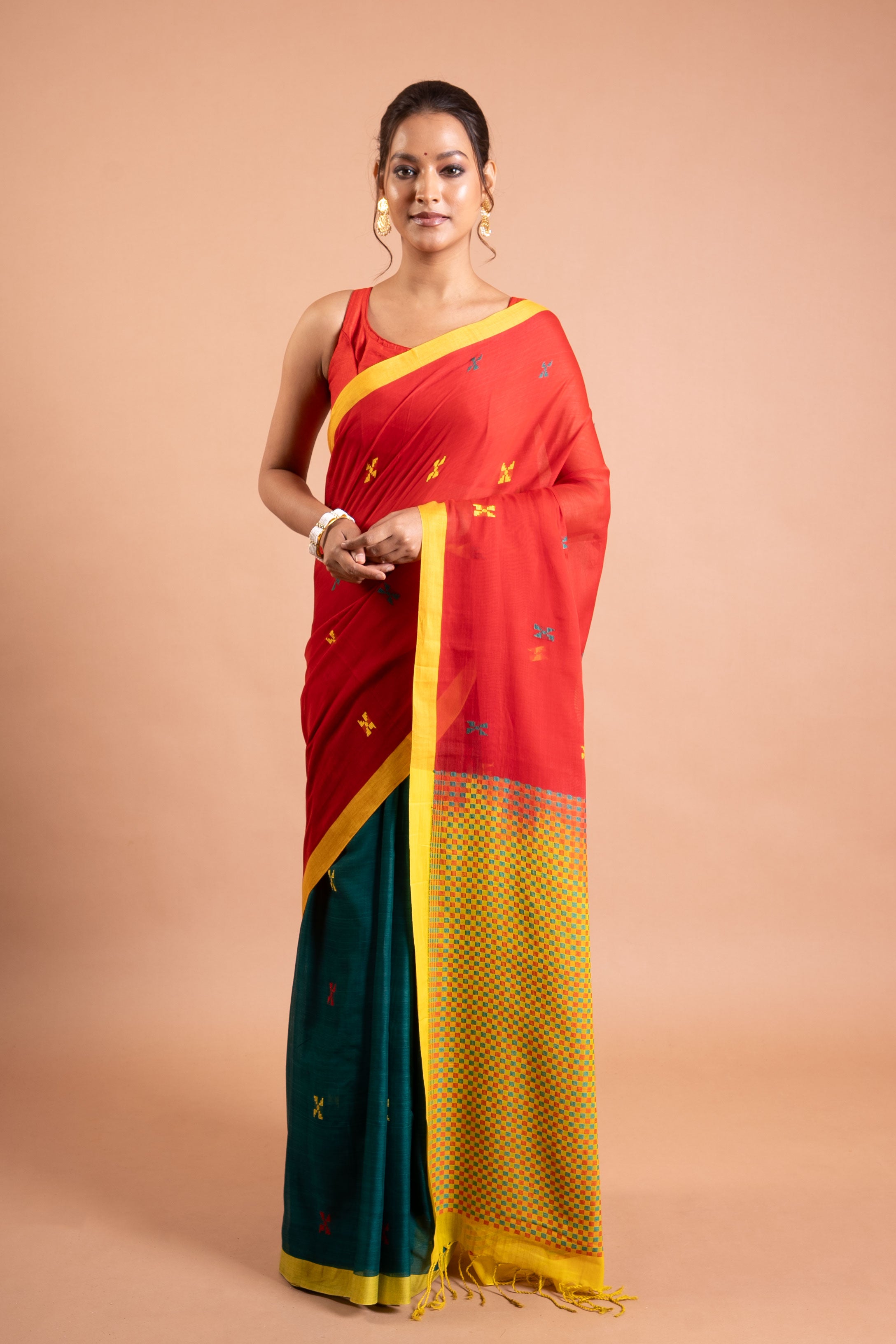 Sindoor & Peacock Checks Handwoven Cotton Saree