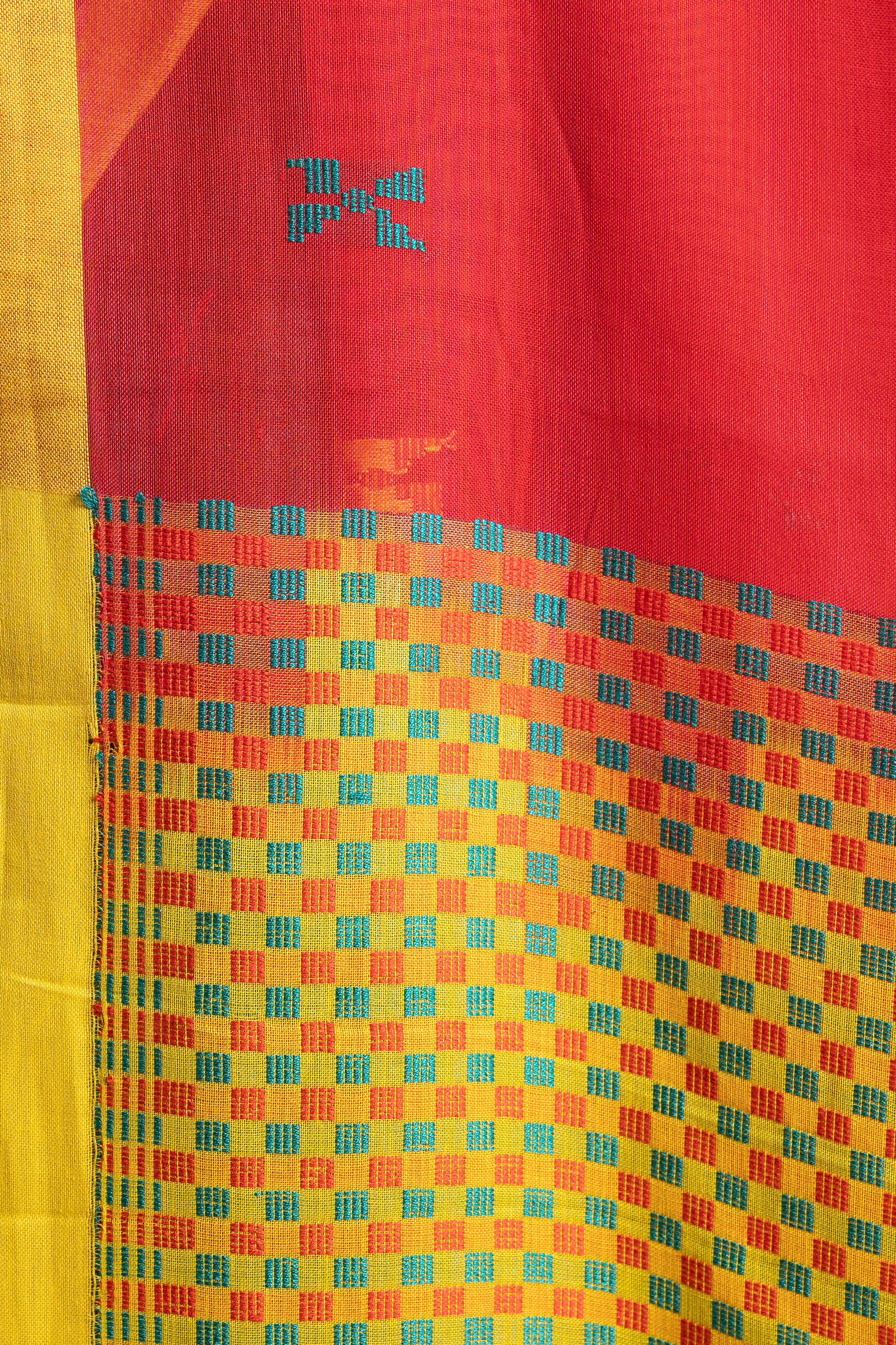 Sindoor & Peacock Checks Handwoven Cotton Saree
