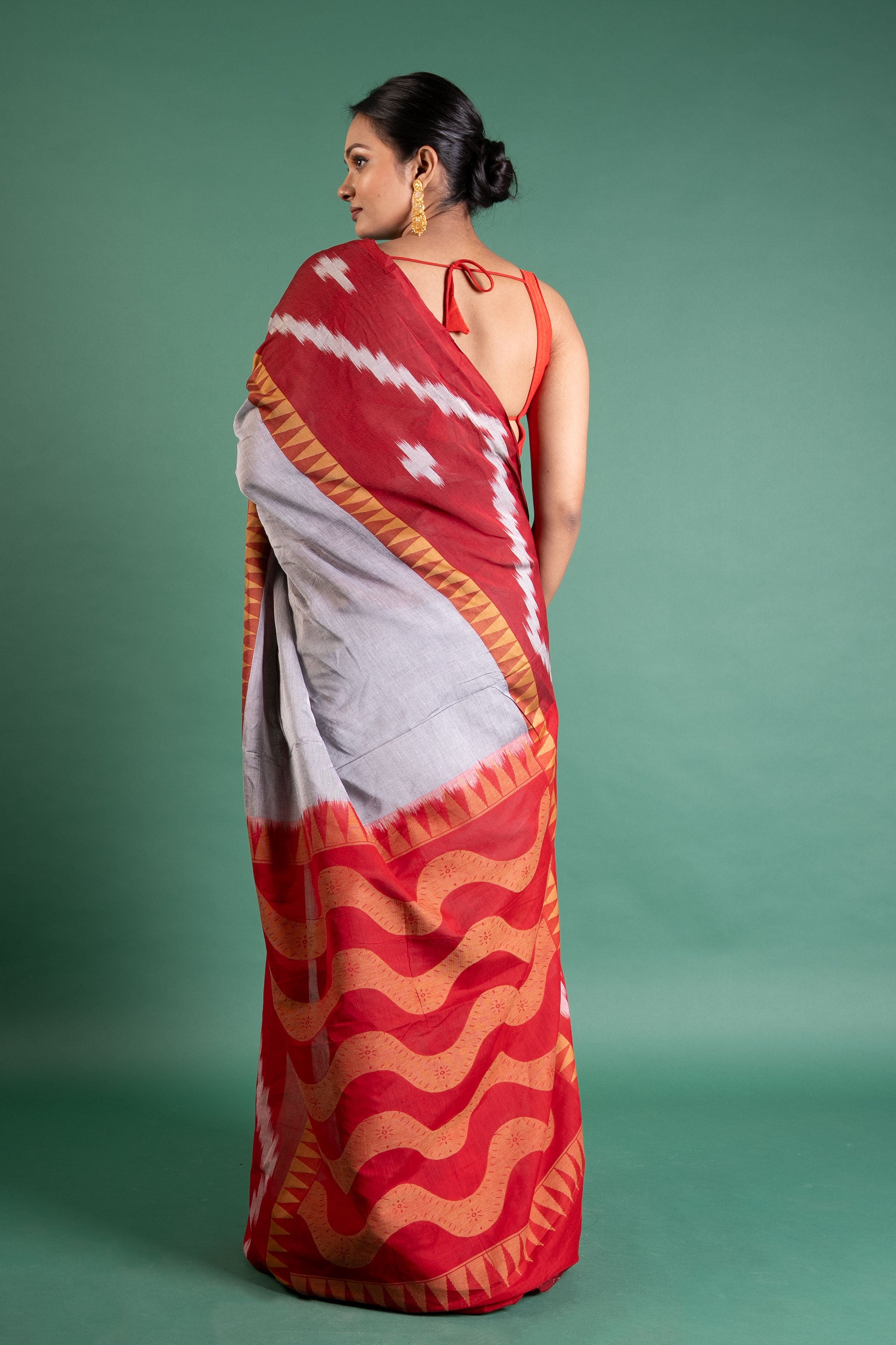 Crimson Ash Ikat Weave Saree with Tribal Border