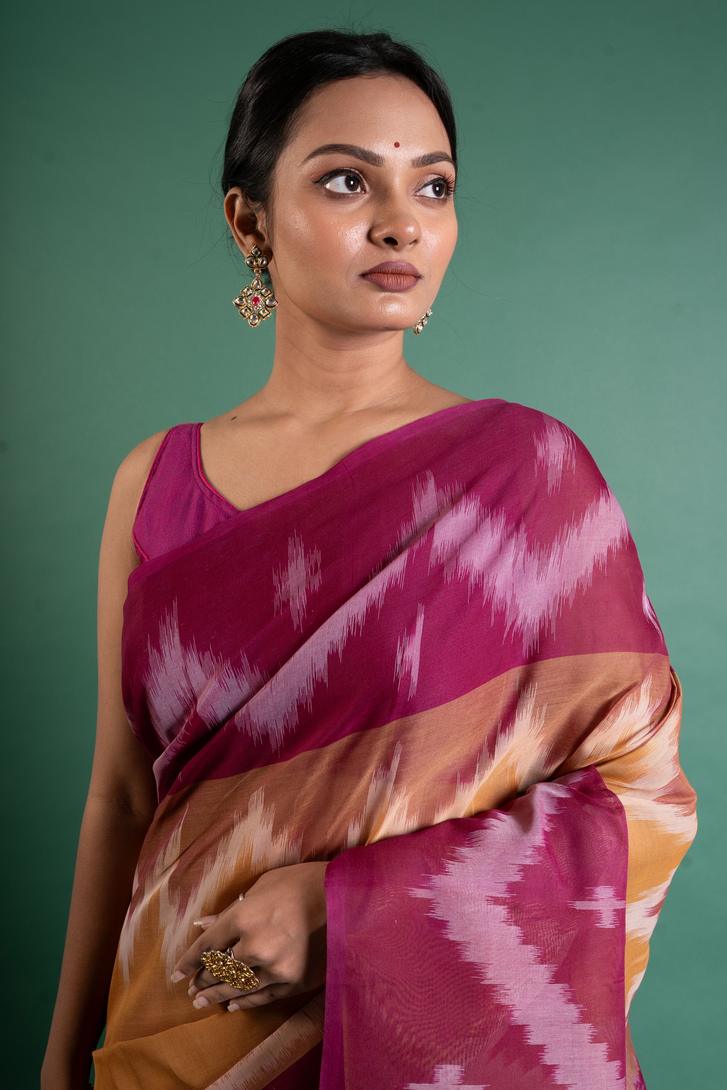 Magenta–Mustard Ikat Weave Saree