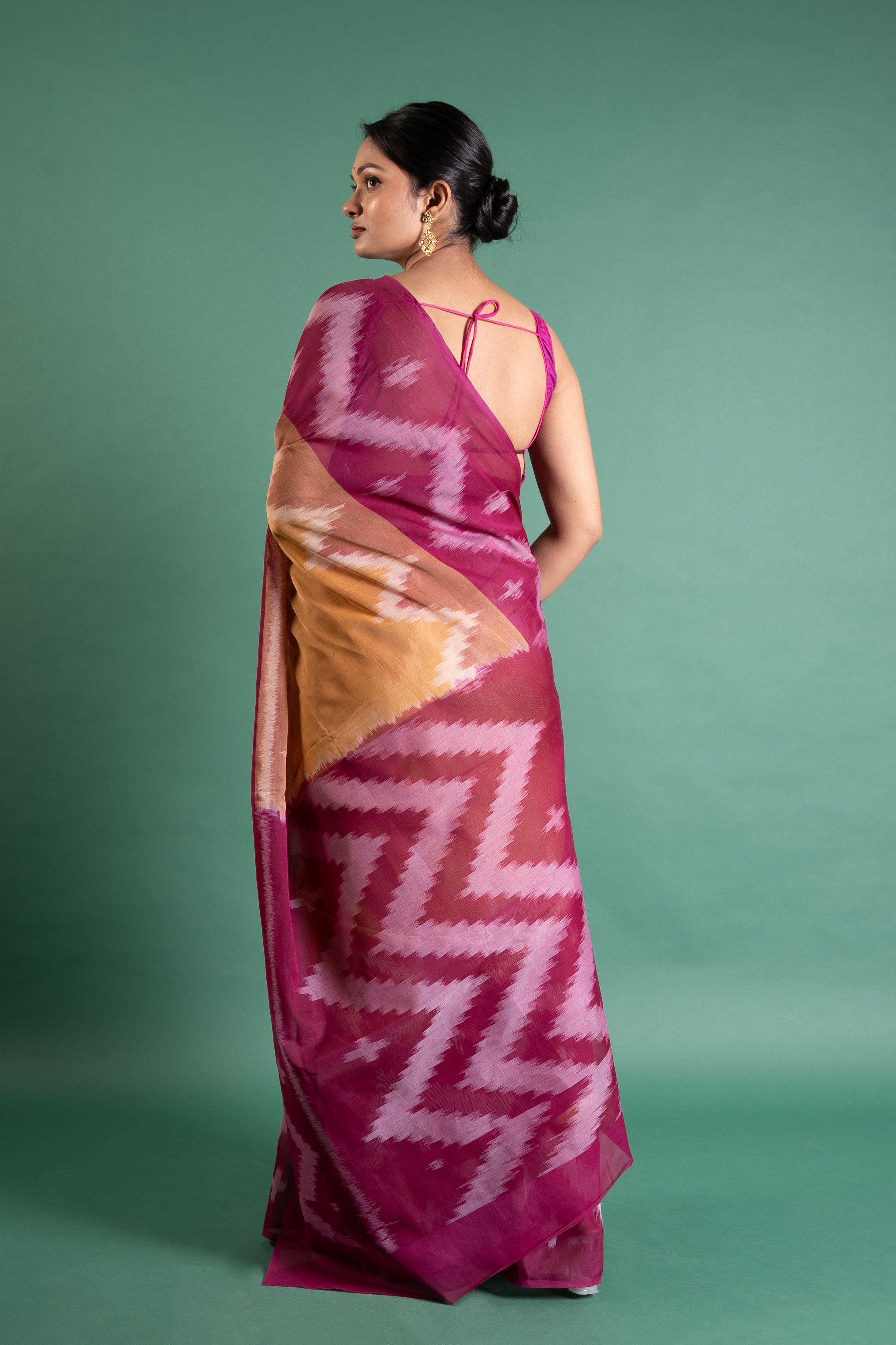 Magenta–Mustard Ikat Weave Saree