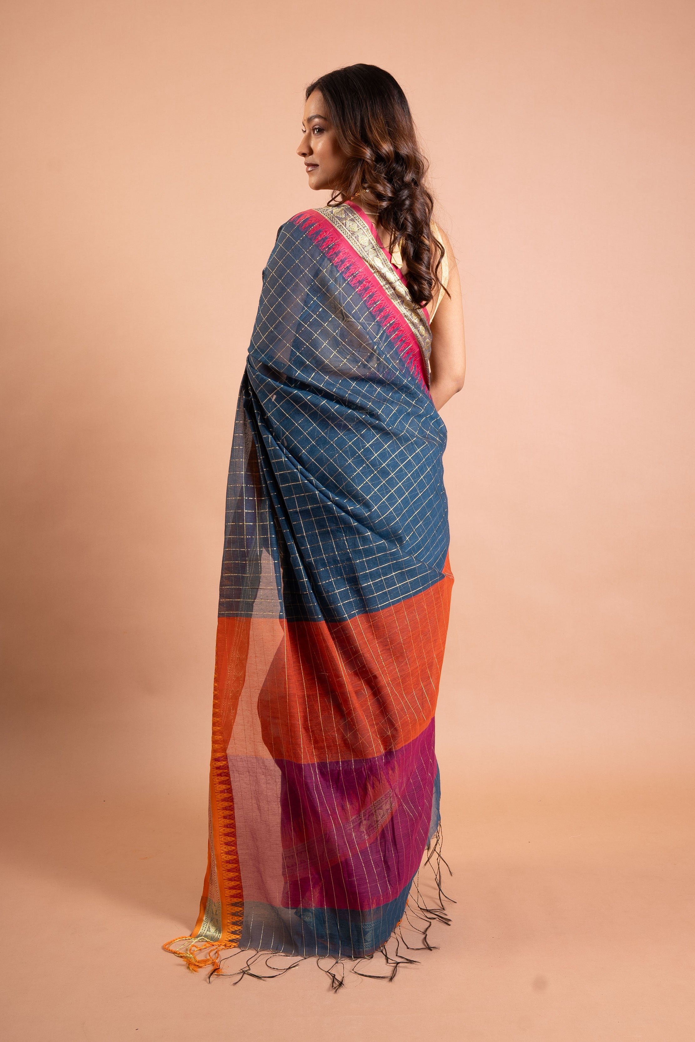 Teal Blue Checkered Handloom Saree with Pink-Gold Border