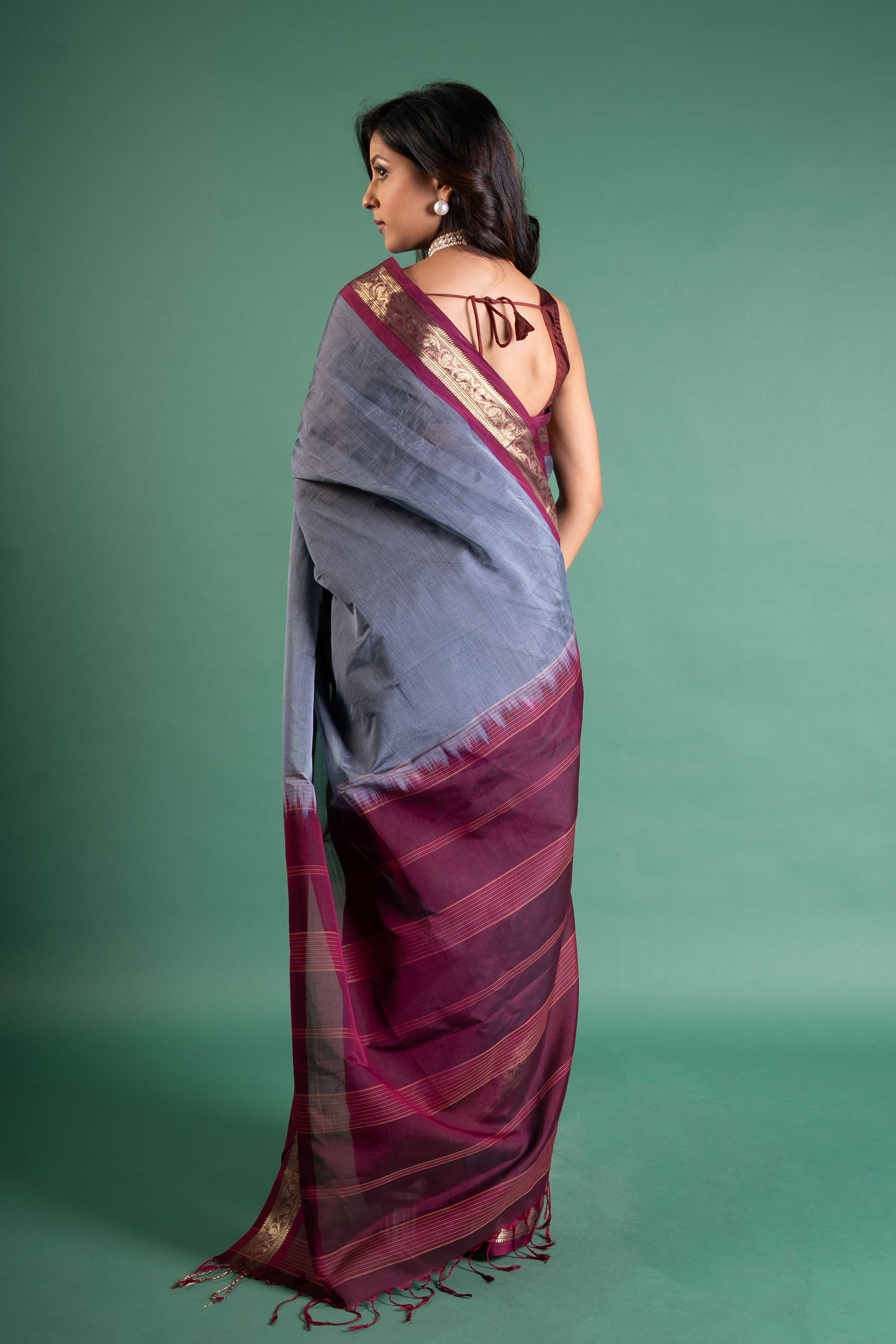 Prisha Grey–Wine Zari Border Pure Handloom Saree