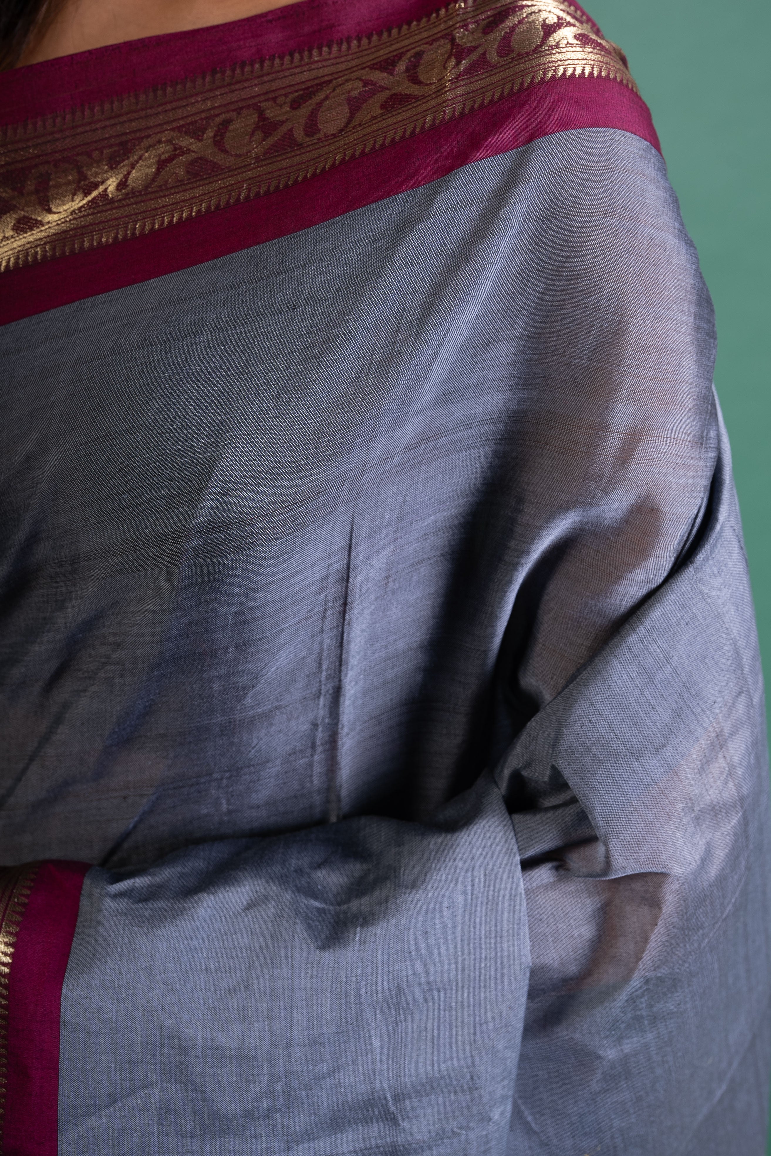 Prisha Grey–Wine Zari Border Pure Handloom Saree