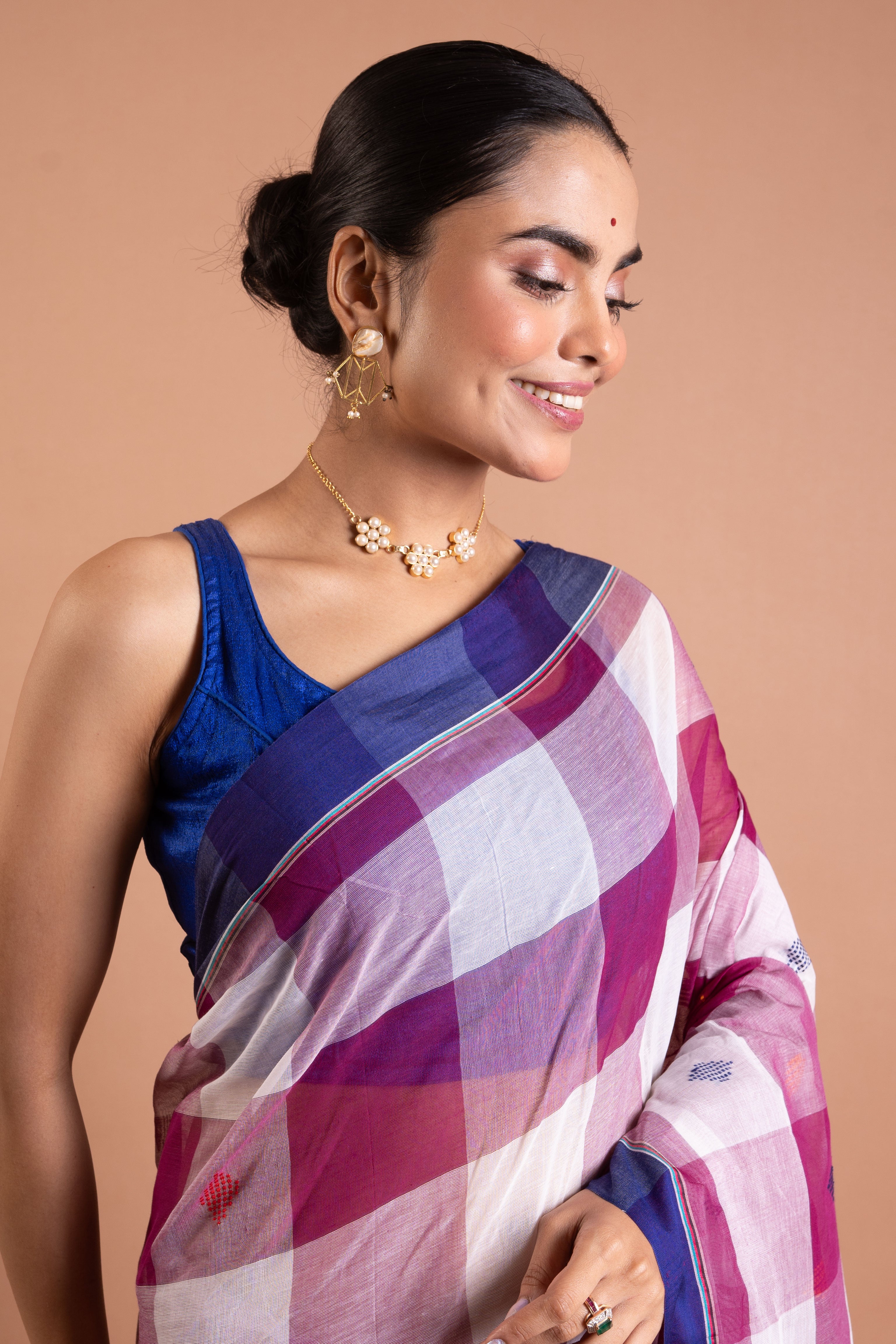 Rangrekha Pink Check Pure Handloom Saree with Blue Border
