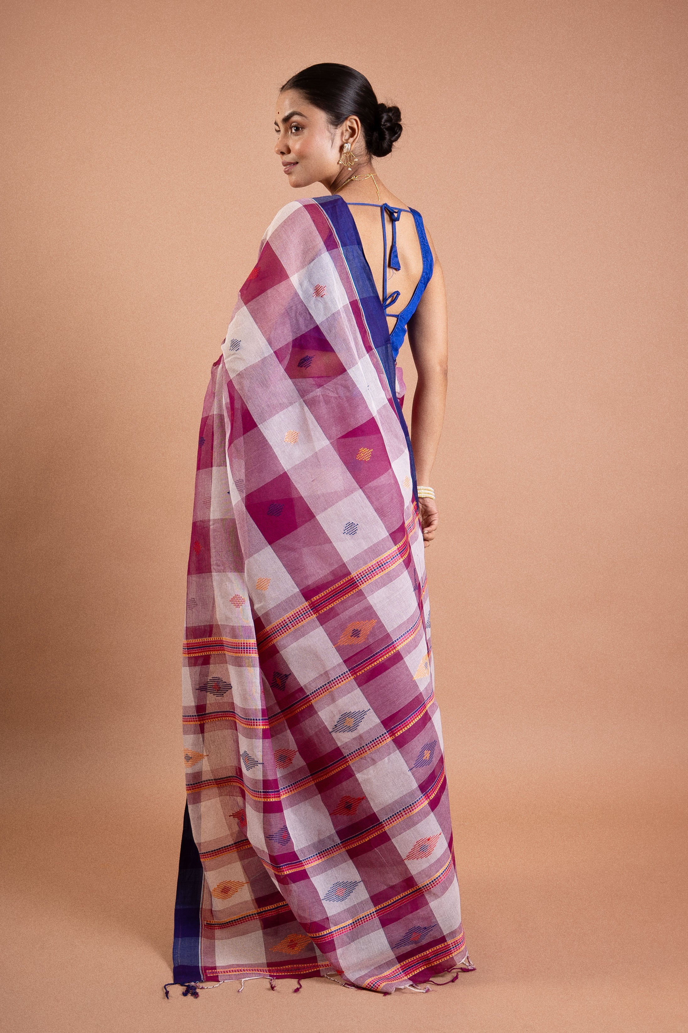 Rangrekha Pink Check Pure Handloom Saree with Blue Border