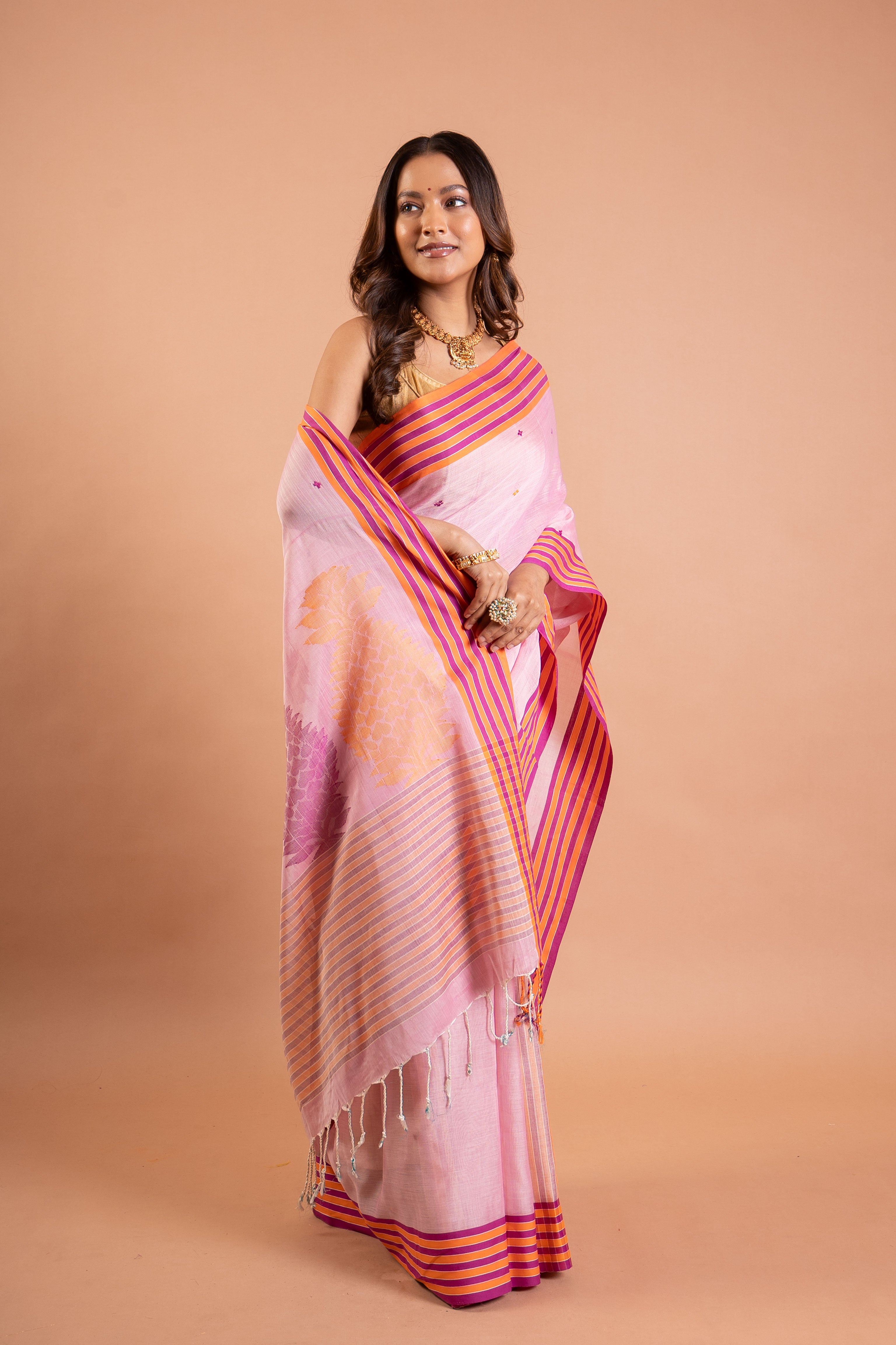 Blush Pink Handloom Saree with Magenta–Orange Stripe Border