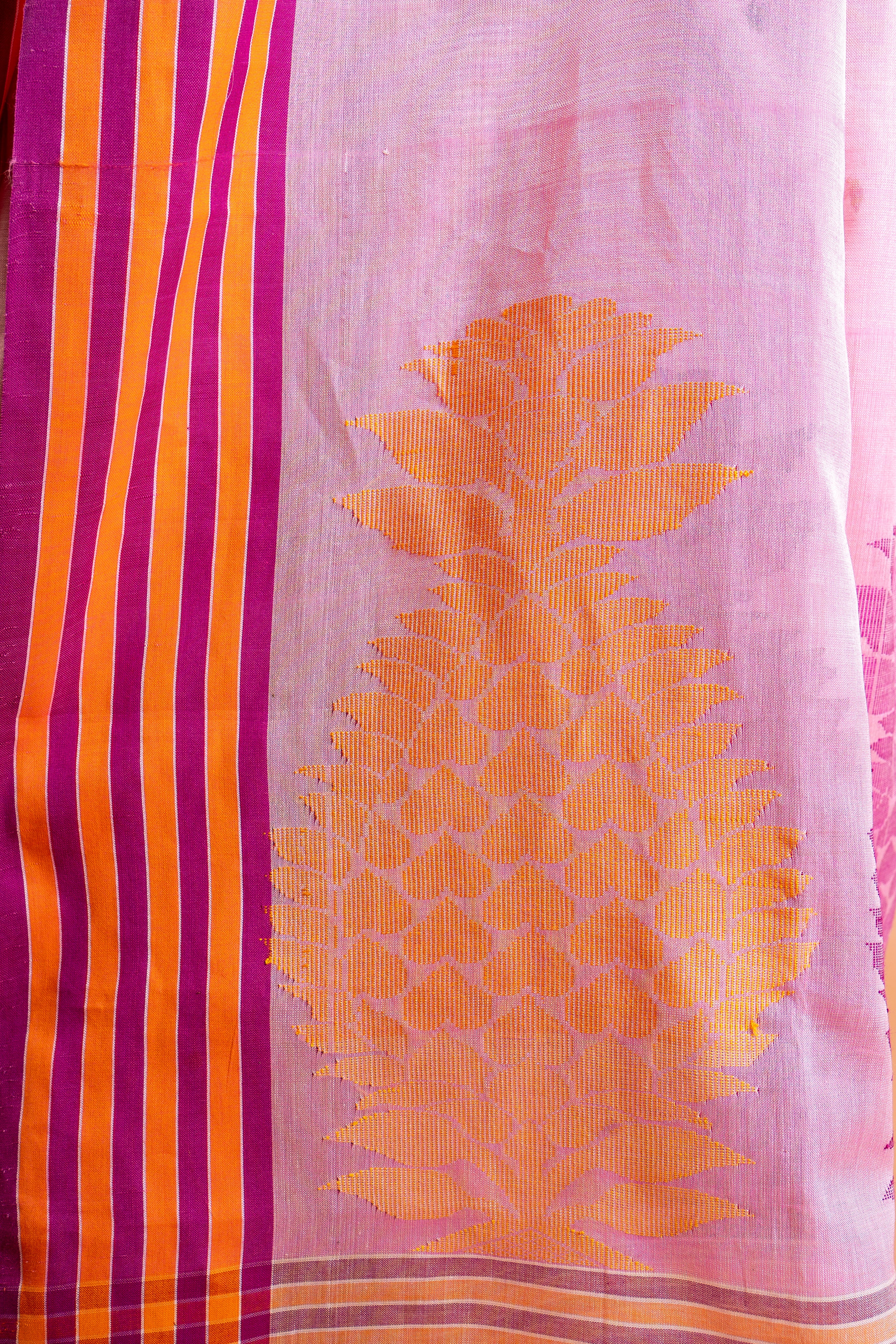 Blush Pink Handloom Saree with Magenta–Orange Stripe Border