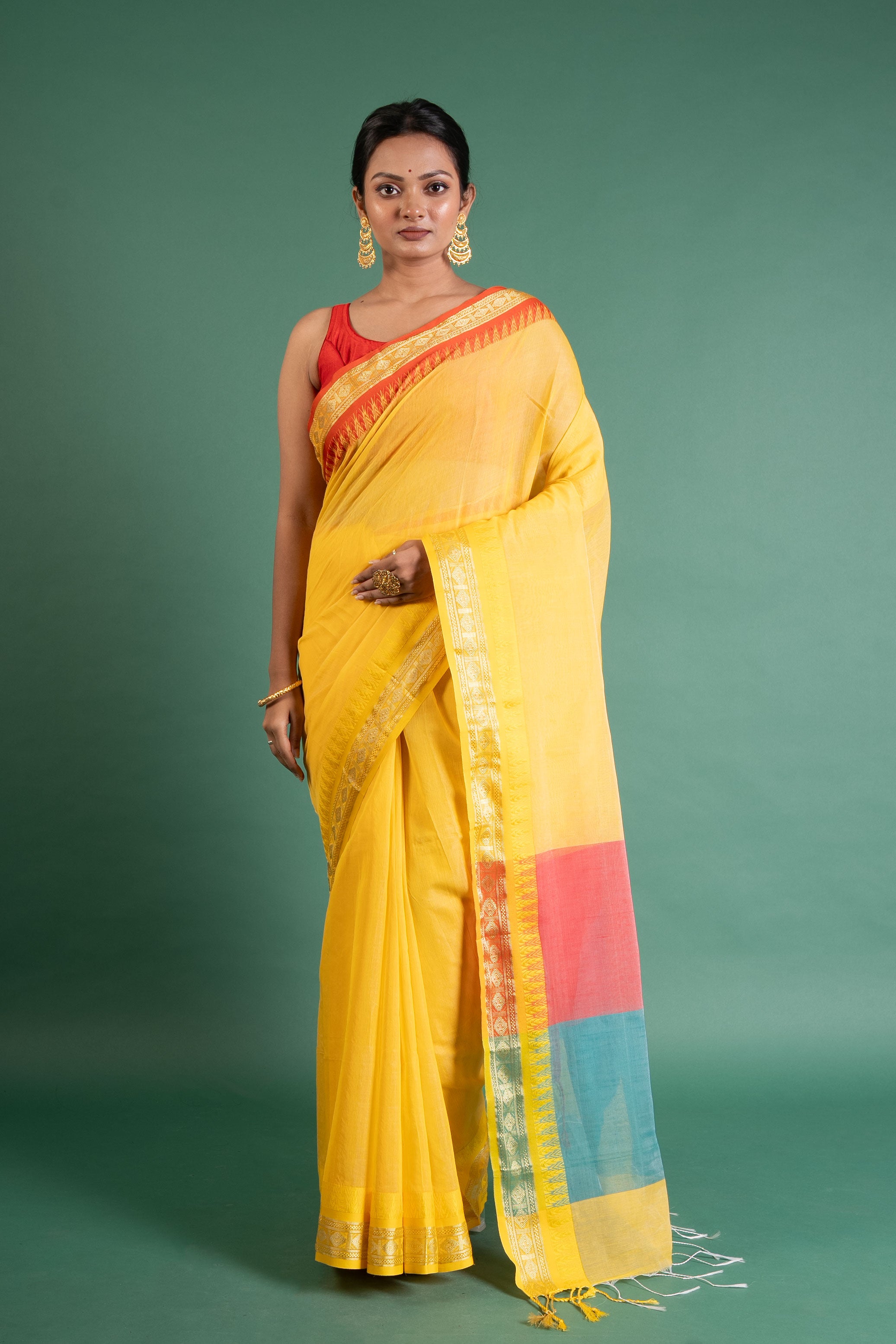 Surya Kiran Yellow Handloom Saree with Zari Temple Border