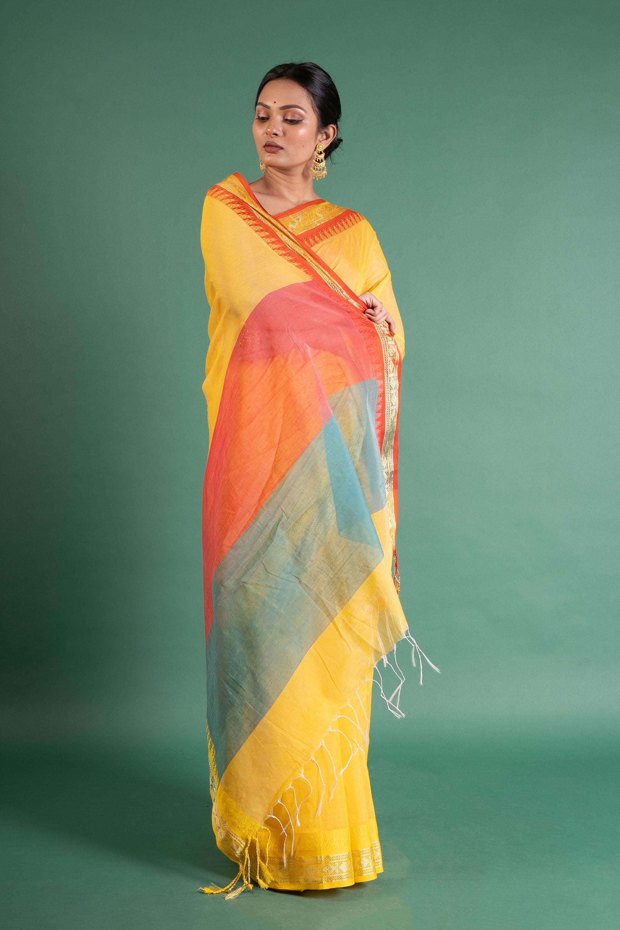 Surya Kiran Yellow Handloom Saree with Zari Temple Border