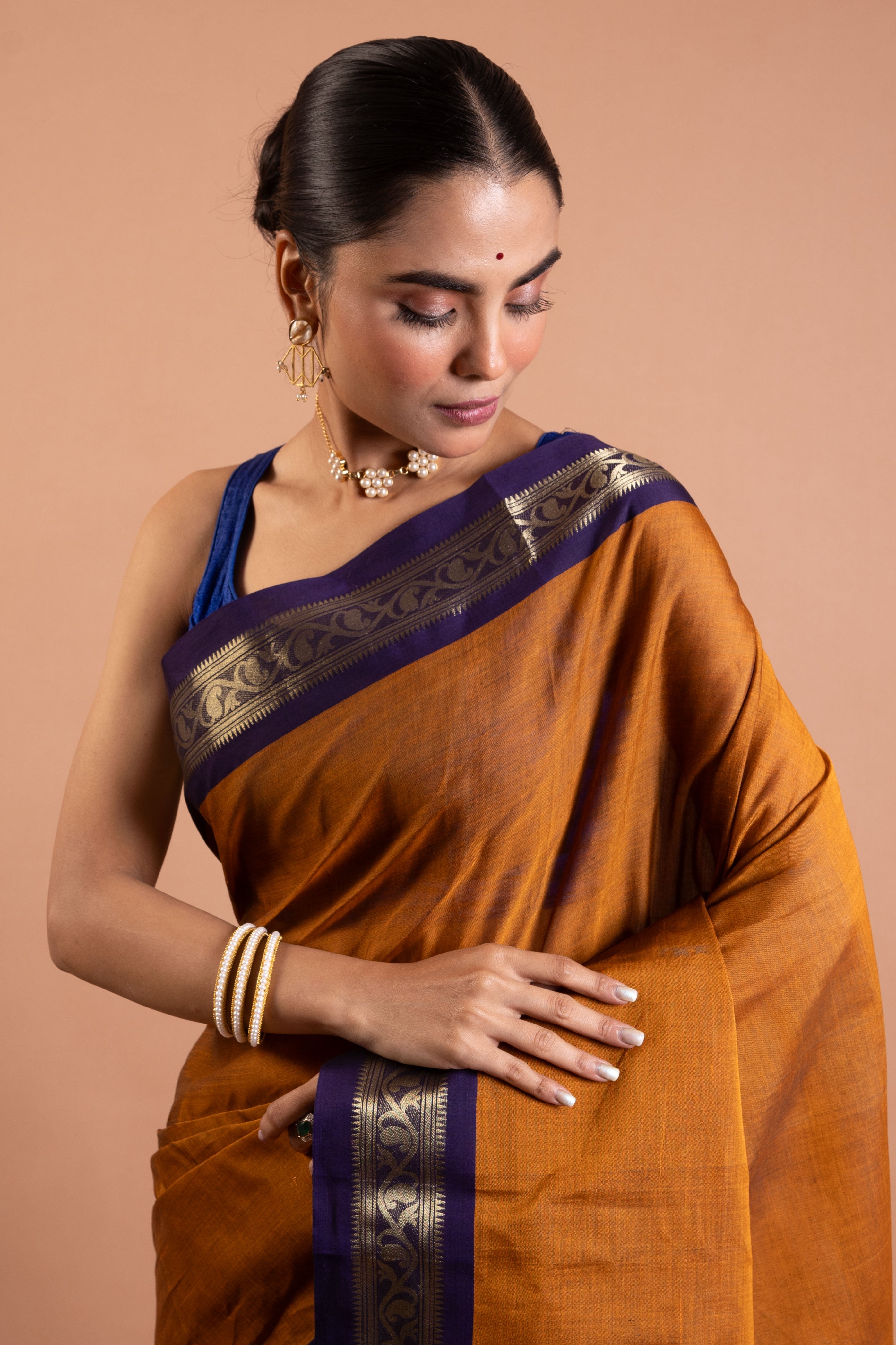 Amber Mustard & Navy Zari Border Pure Handloom Saree