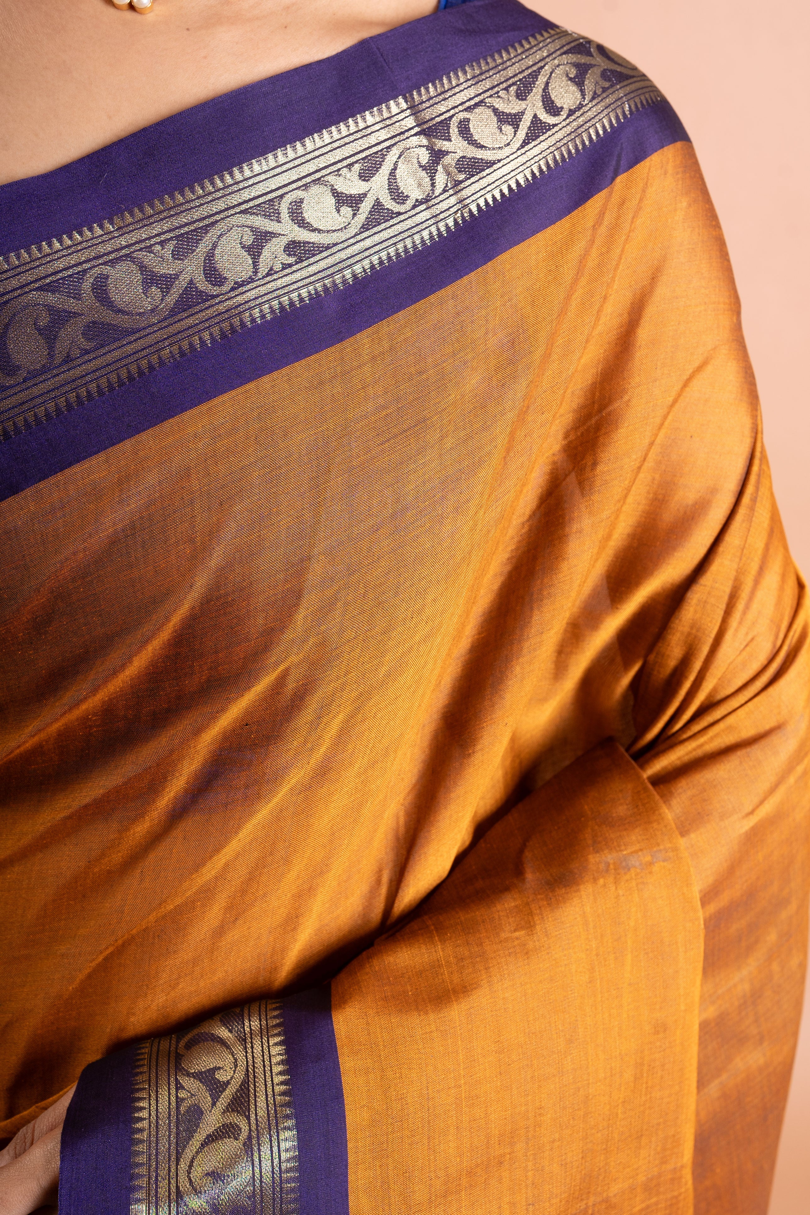 Amber Mustard & Navy Zari Border Pure Handloom Saree