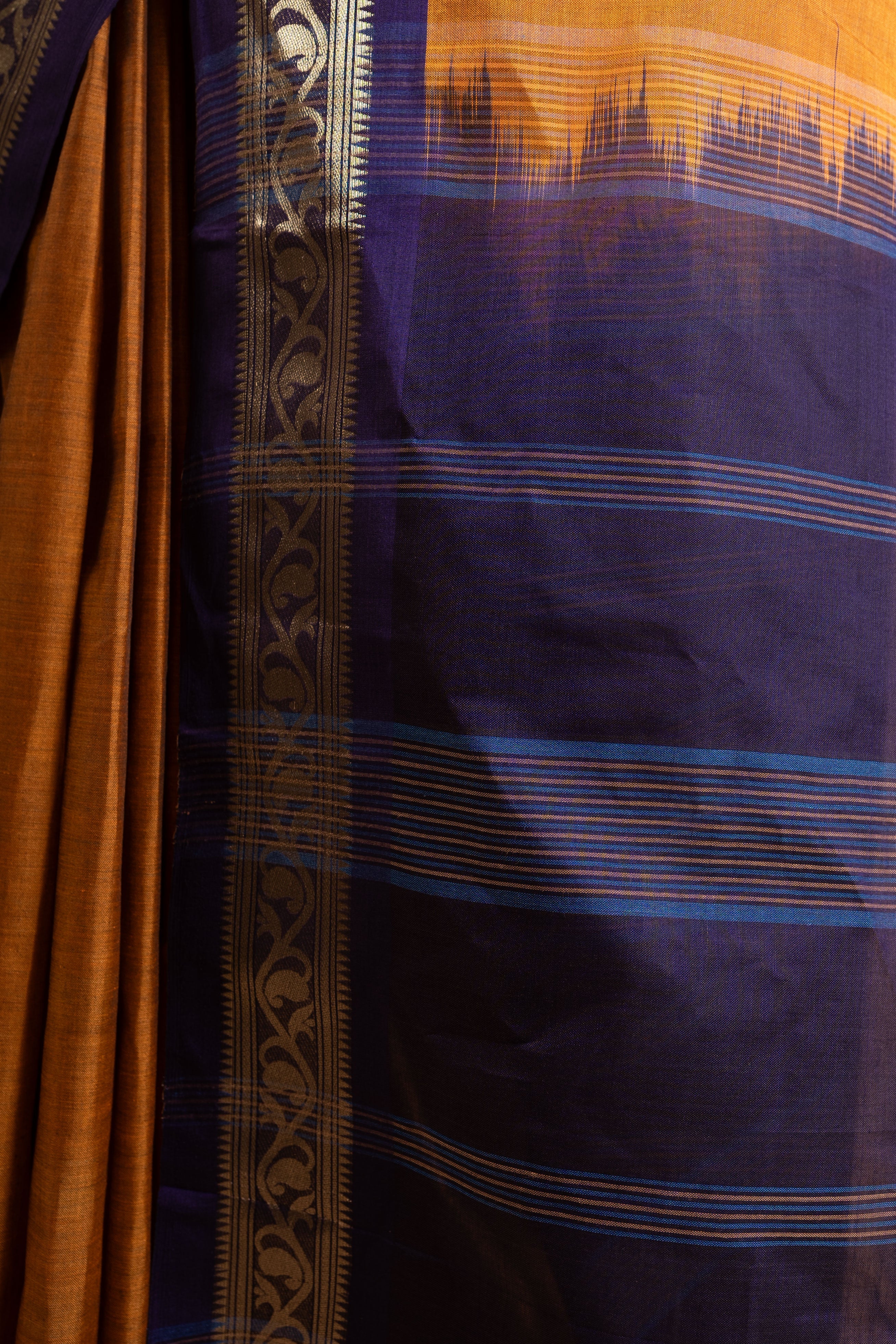 Amber Mustard & Navy Zari Border Pure Handloom Saree