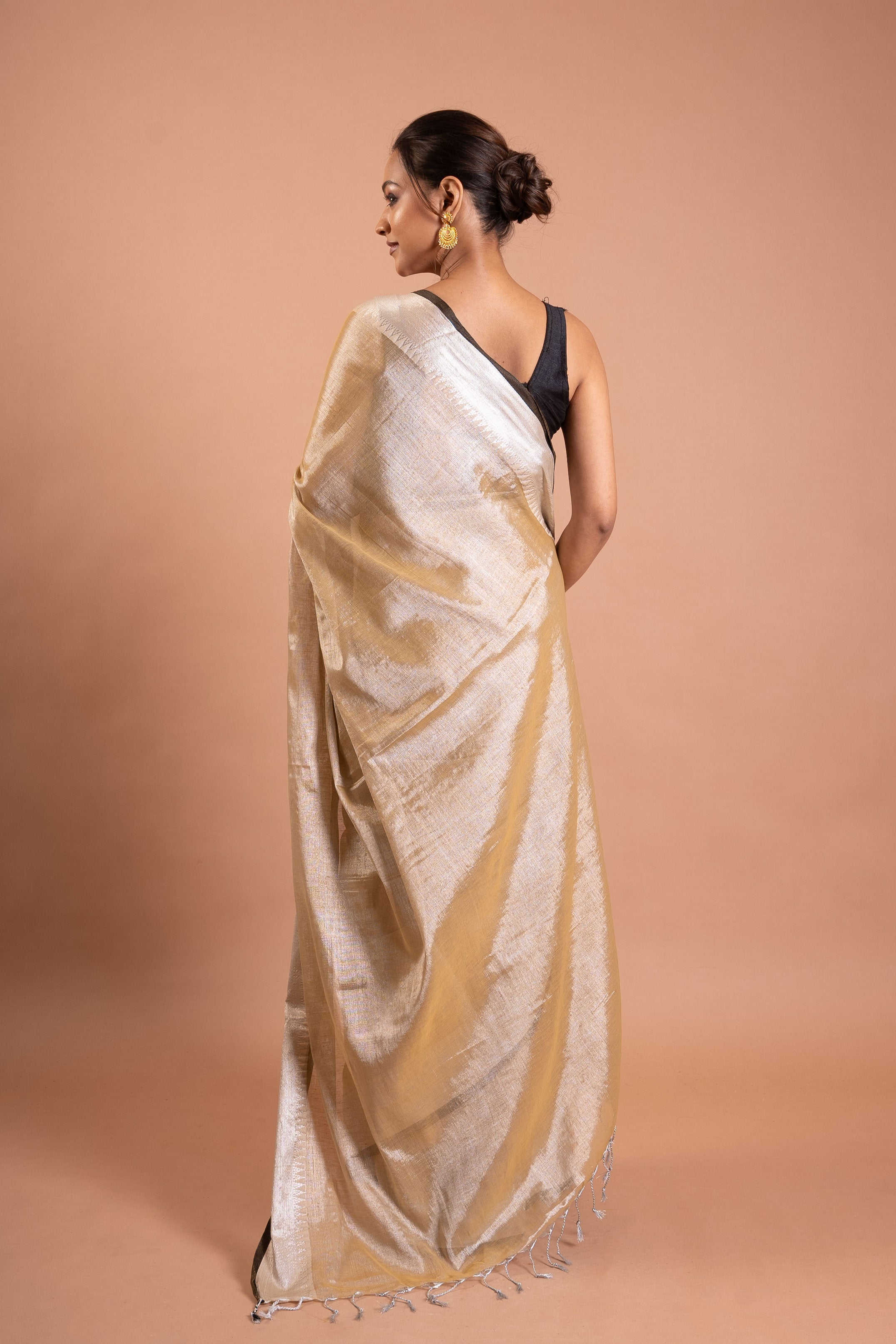 Teal & Maroon Handwoven Tissue Saree with Zari Stripes