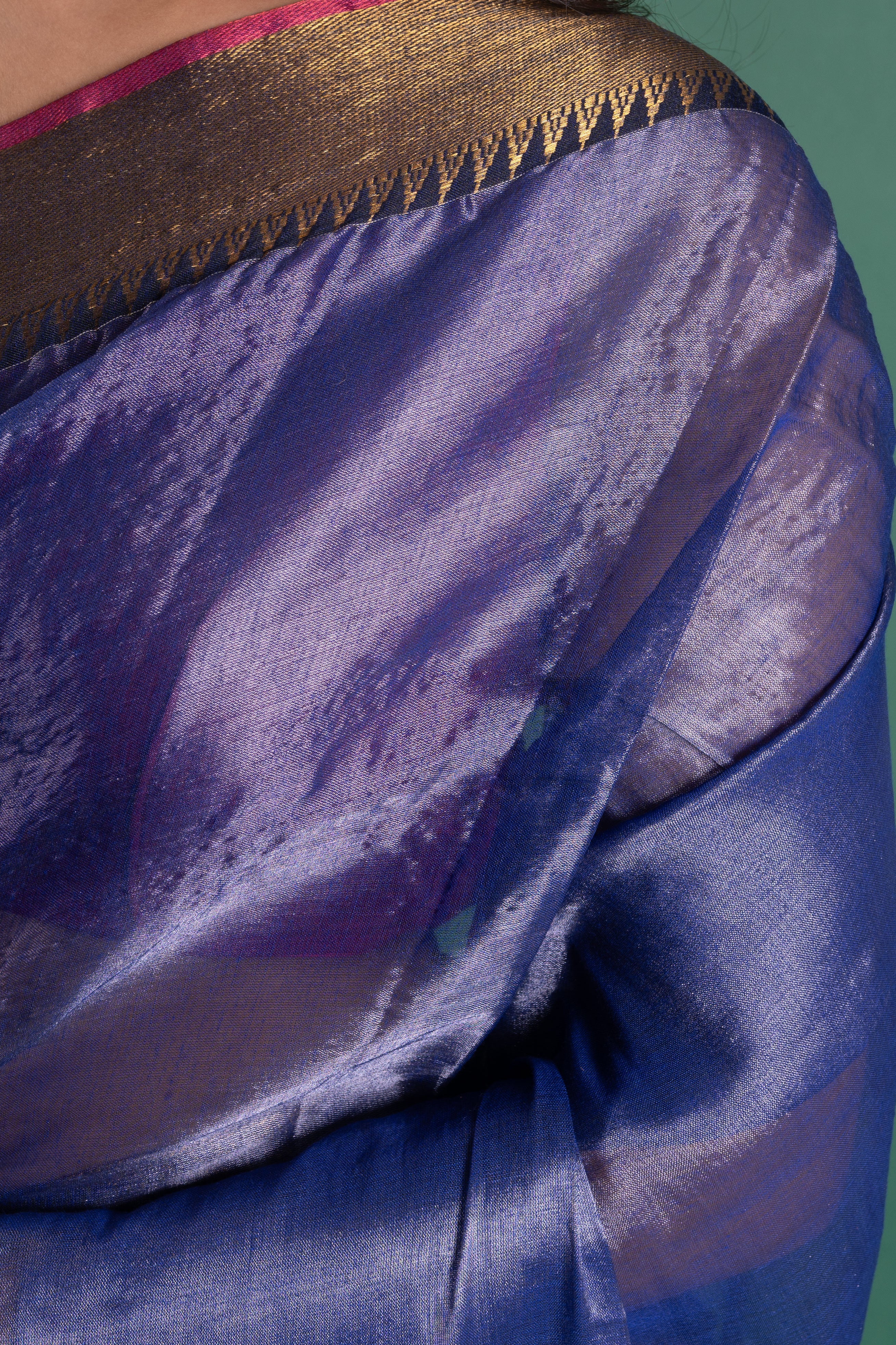 Indigo Moonlight Tissue Saree with Antique Gold Zari Border