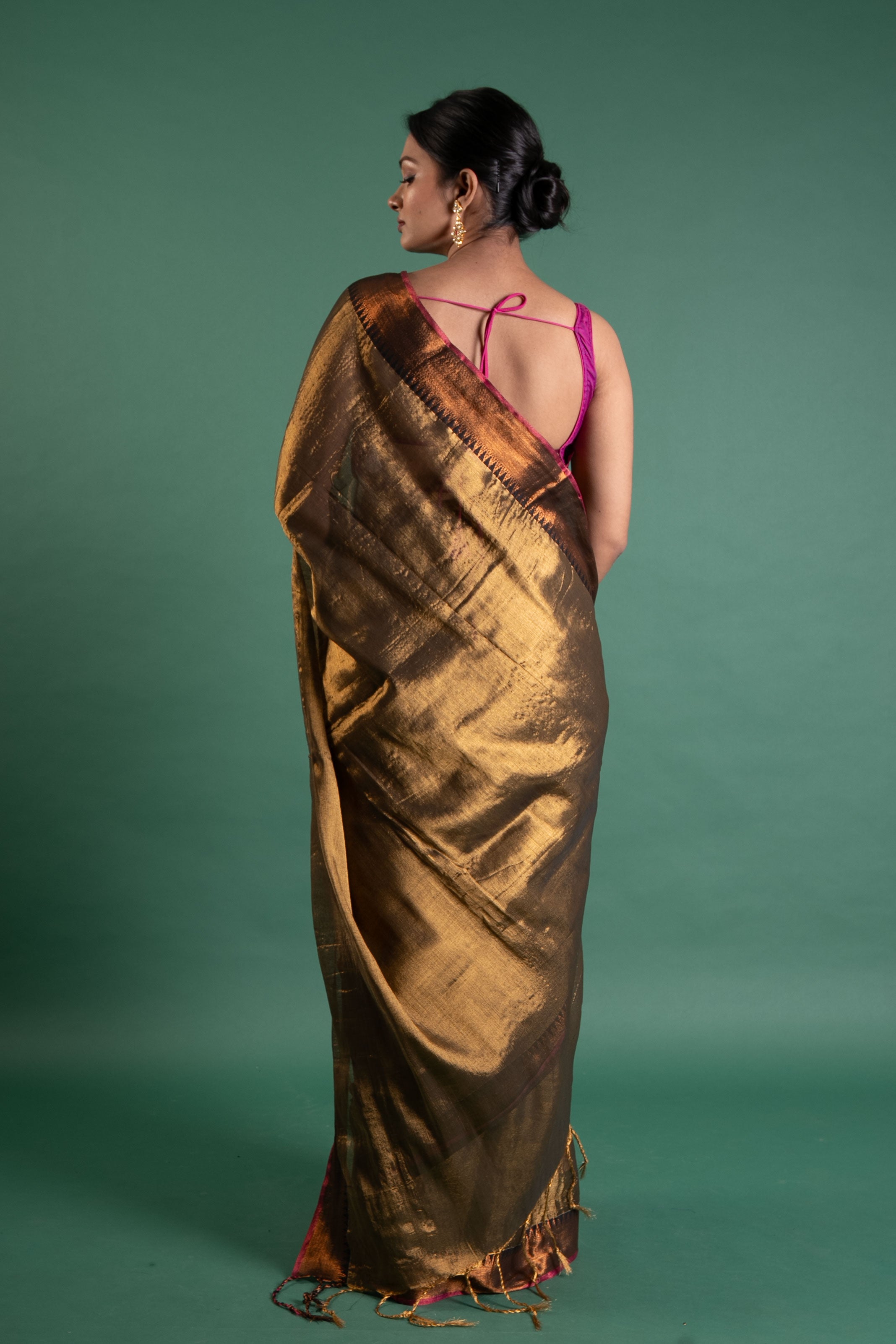 Antique Gold Pure Tissue Saree with Rani Pink Border