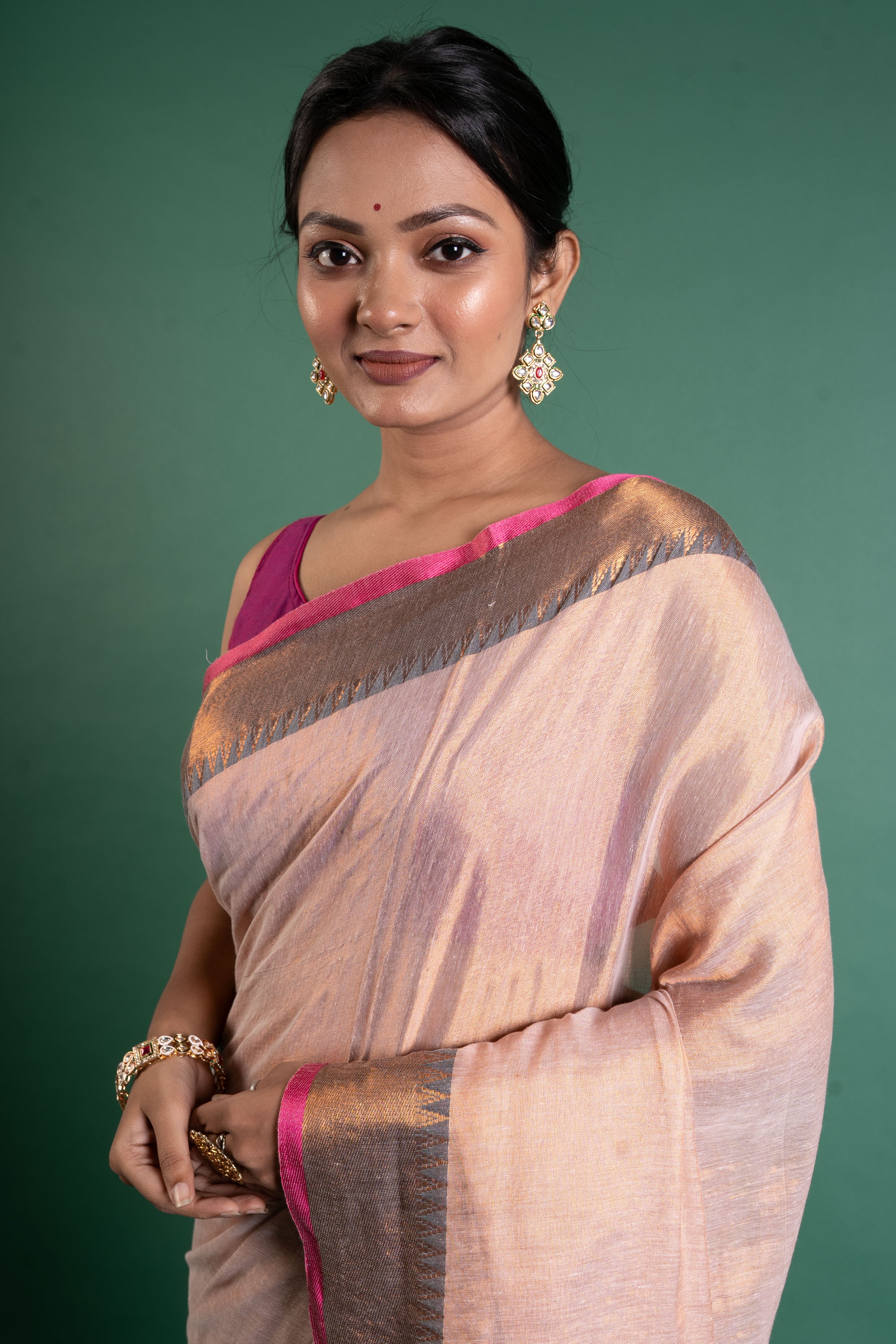 Blush Peach Pure Tissue Saree with Antique Zari Border