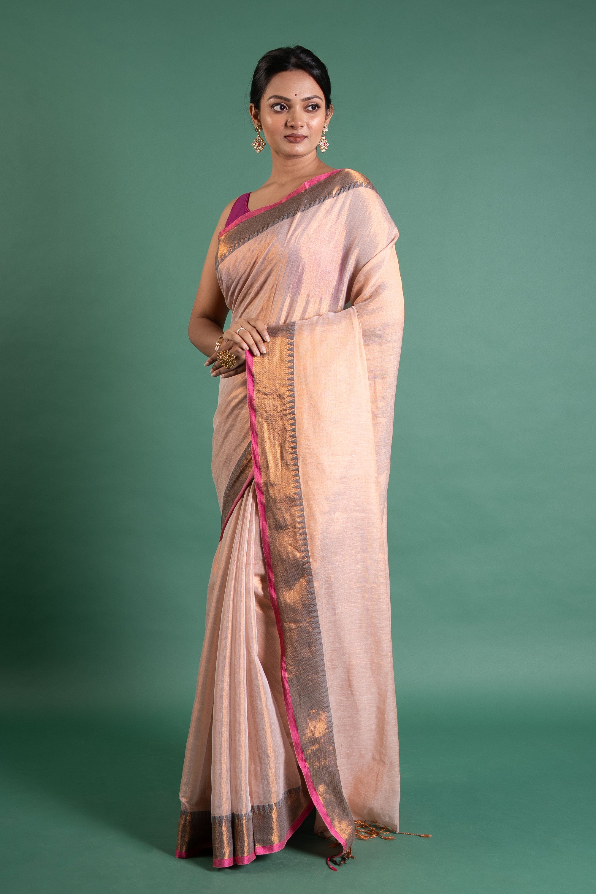 Blush Peach Pure Tissue Saree with Antique Zari Border