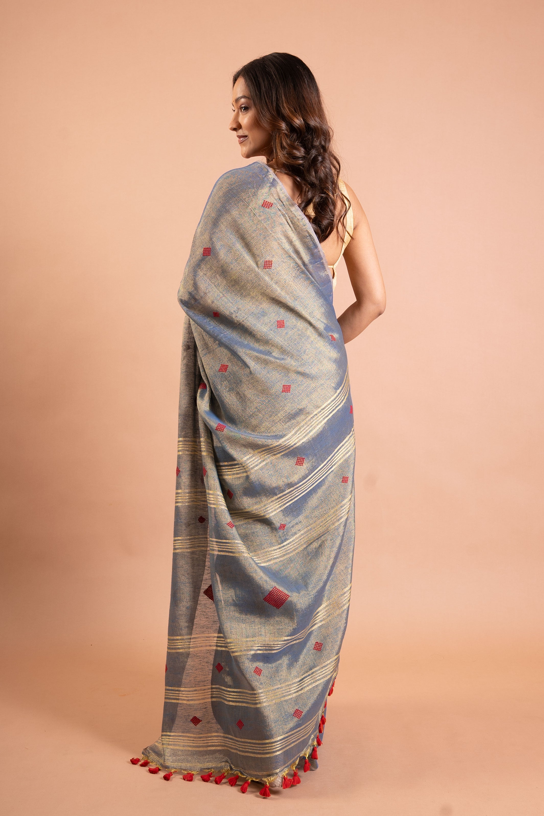 Steel Blue Pure Tissue Saree with Red Buttas & Zari-Striped Pallu