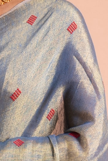 Steel Blue Pure Tissue Saree with Red Buttas & Zari-Striped Pallu