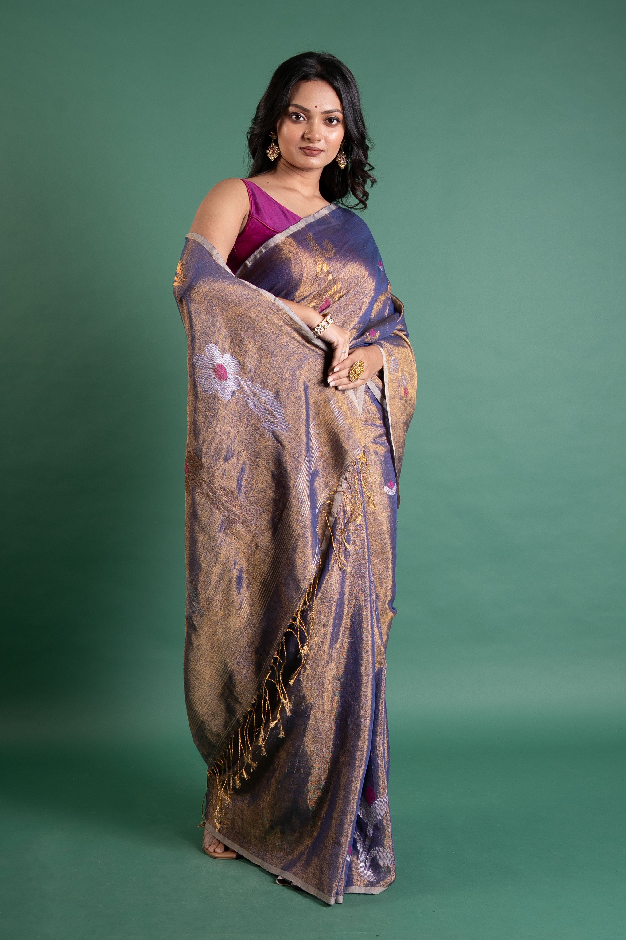 Midnight Bloom Linen Tissue Saree