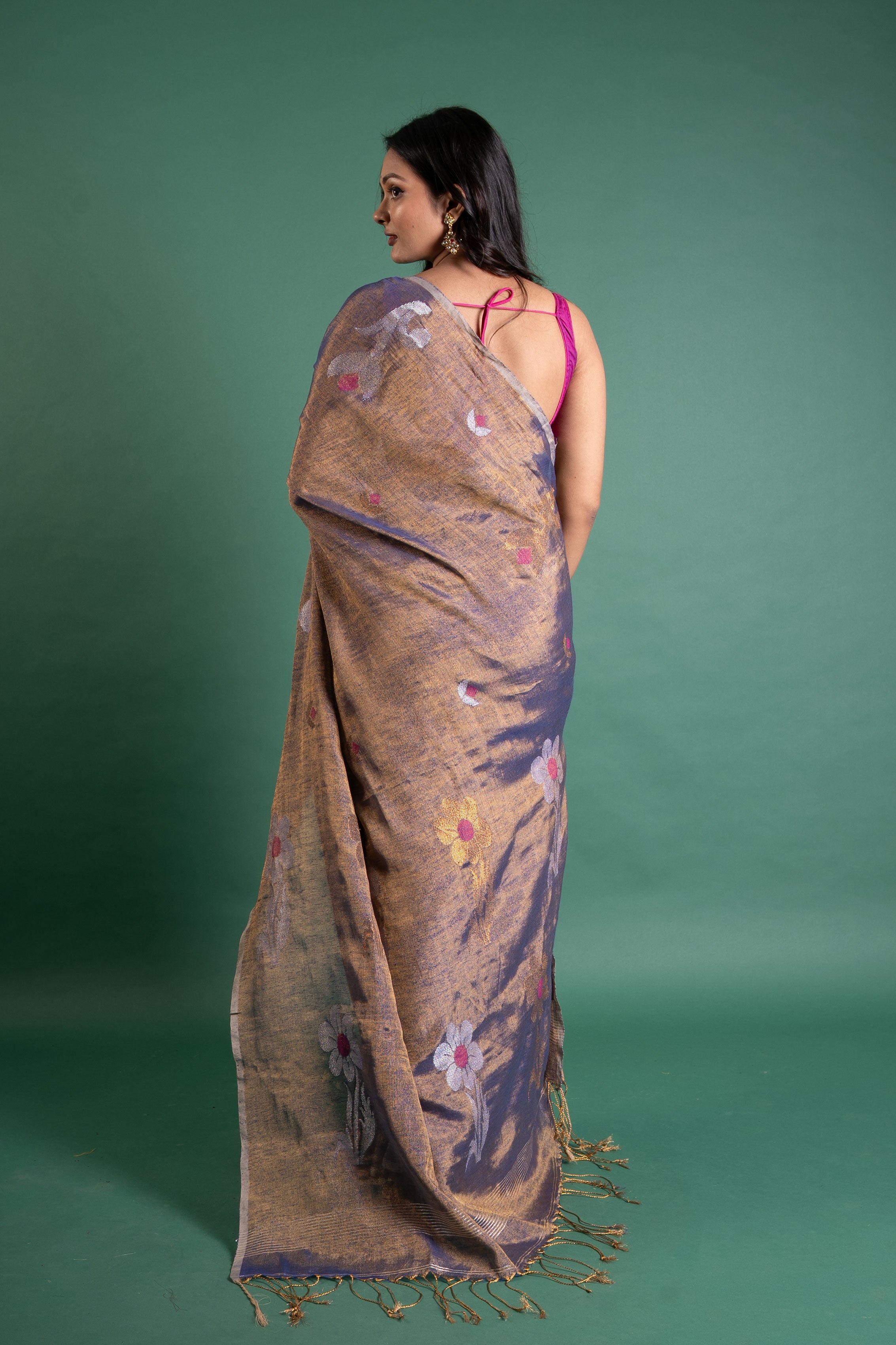 Midnight Bloom Linen Tissue Saree