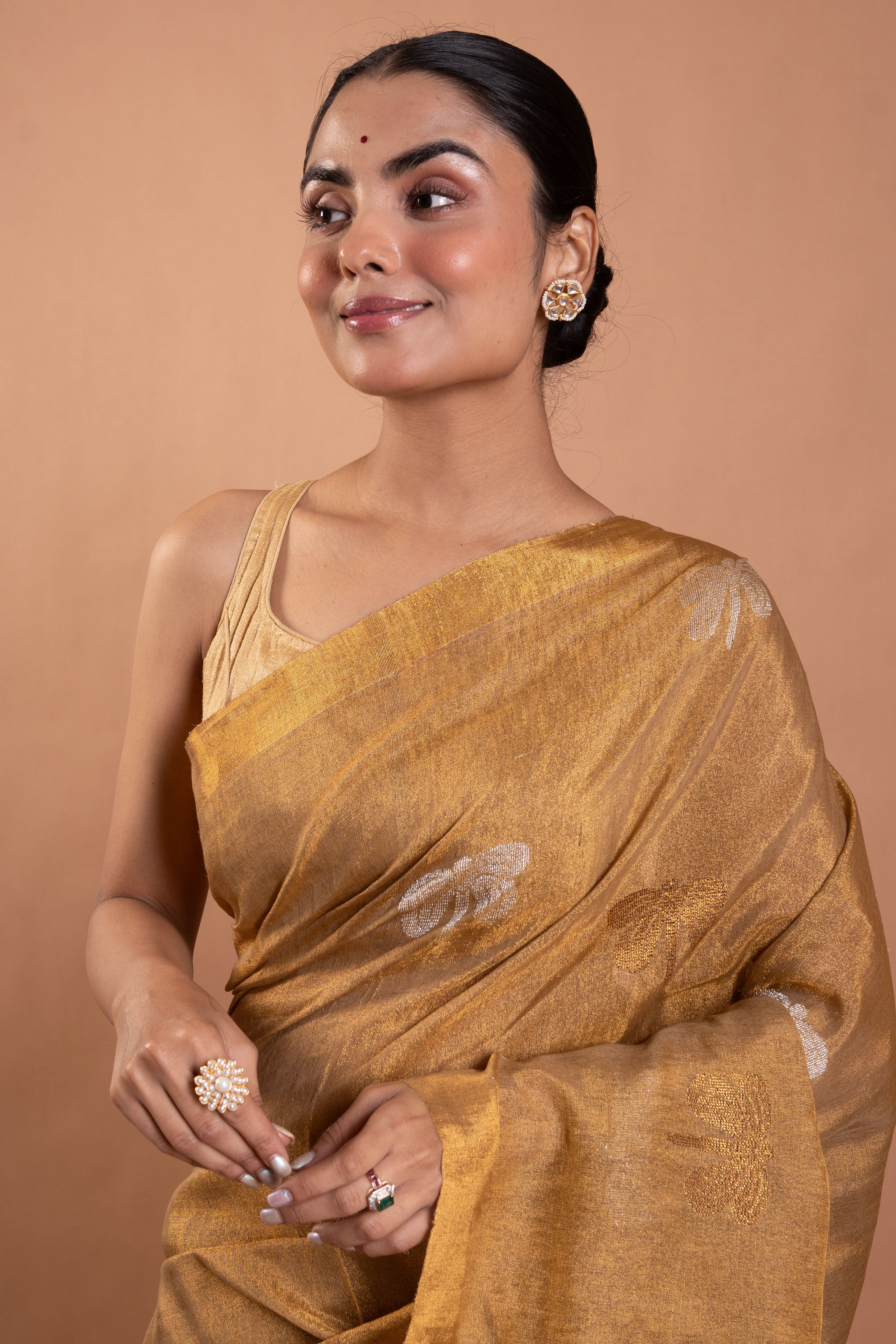 Antique Gold Linen Tissue Saree with Silver Buttis & Chevron Pallu