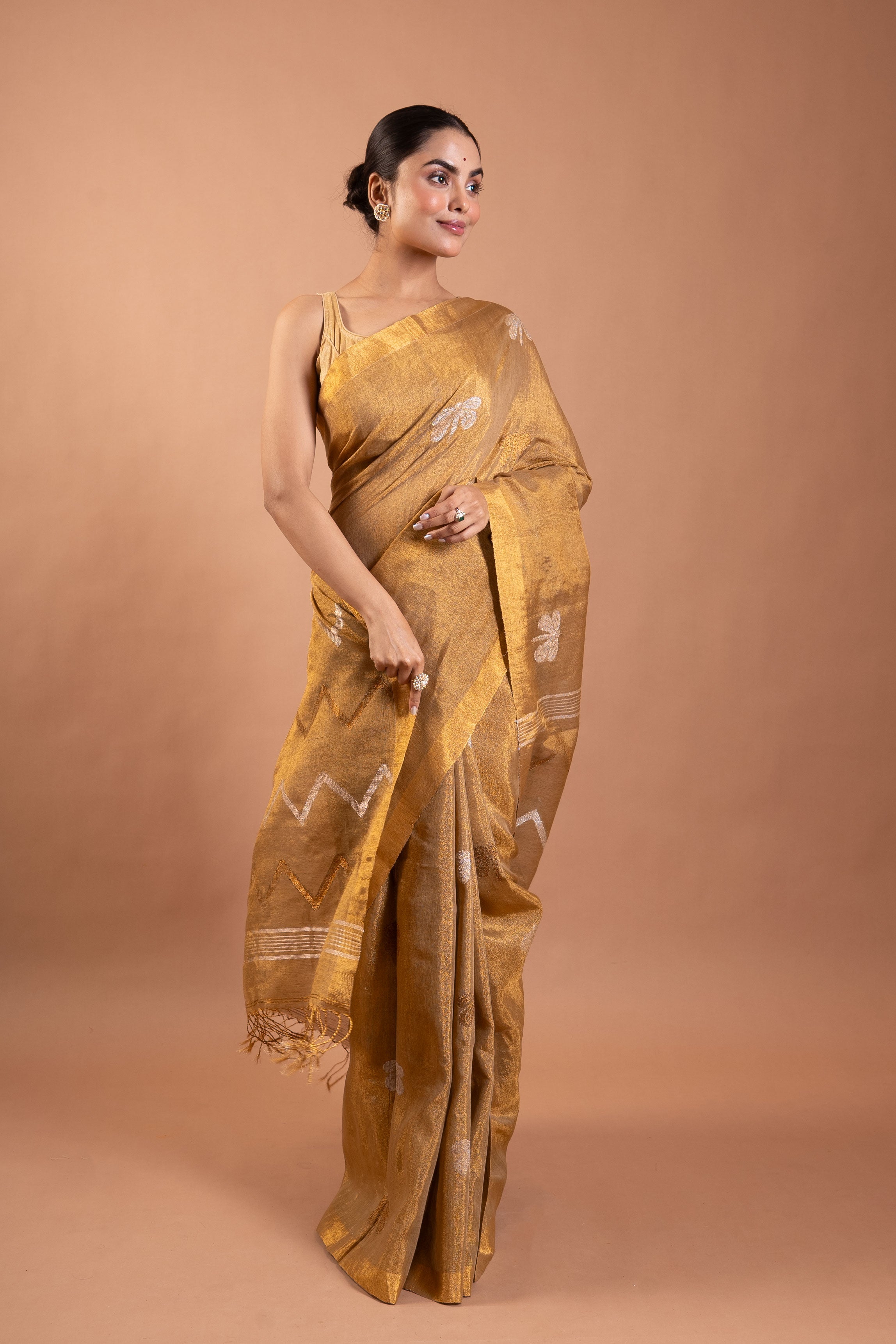 Antique Gold Linen Tissue Saree with Silver Buttis & Chevron Pallu