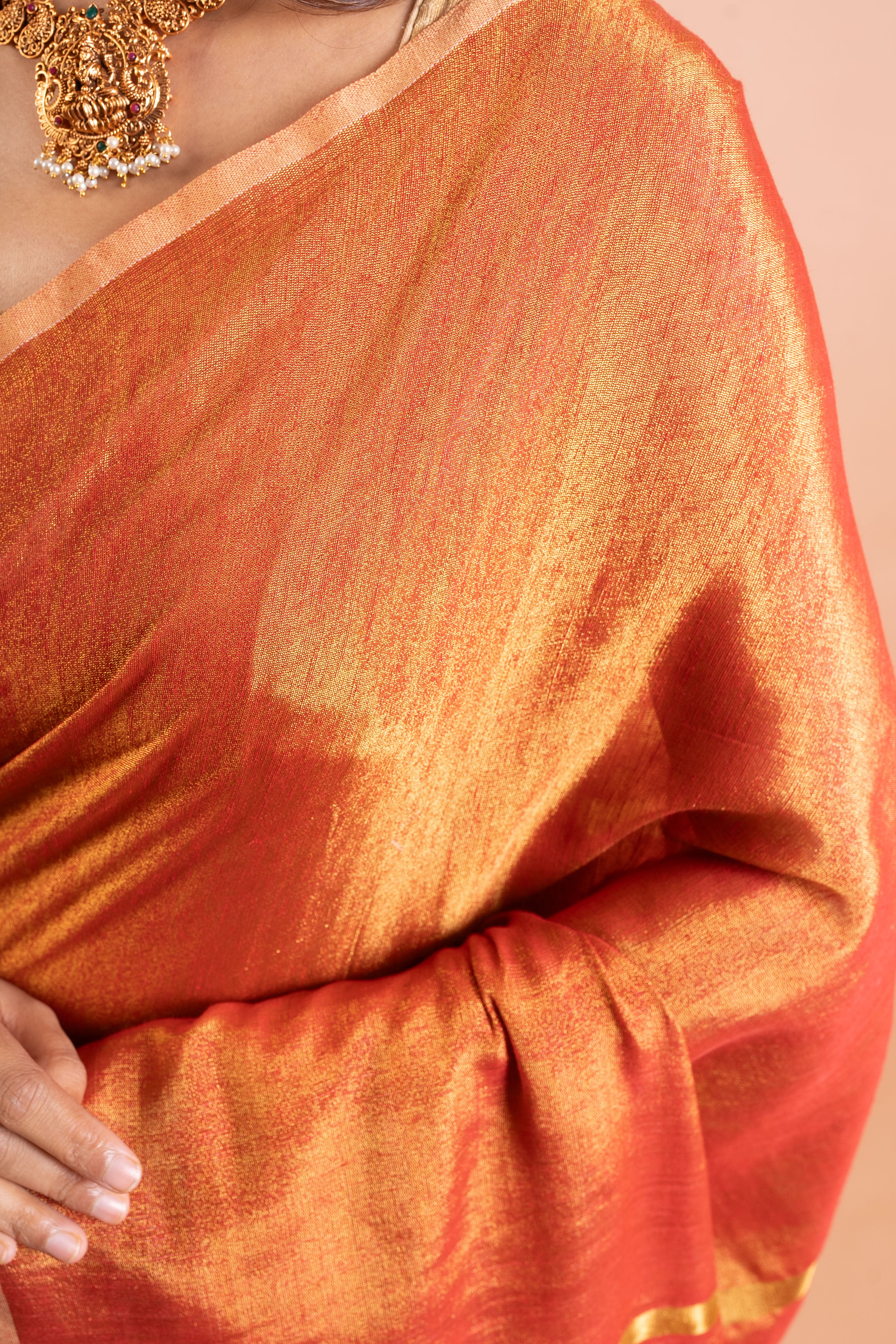 Amber Rust Linen Tissue Saree with Gold Stripe Pallu