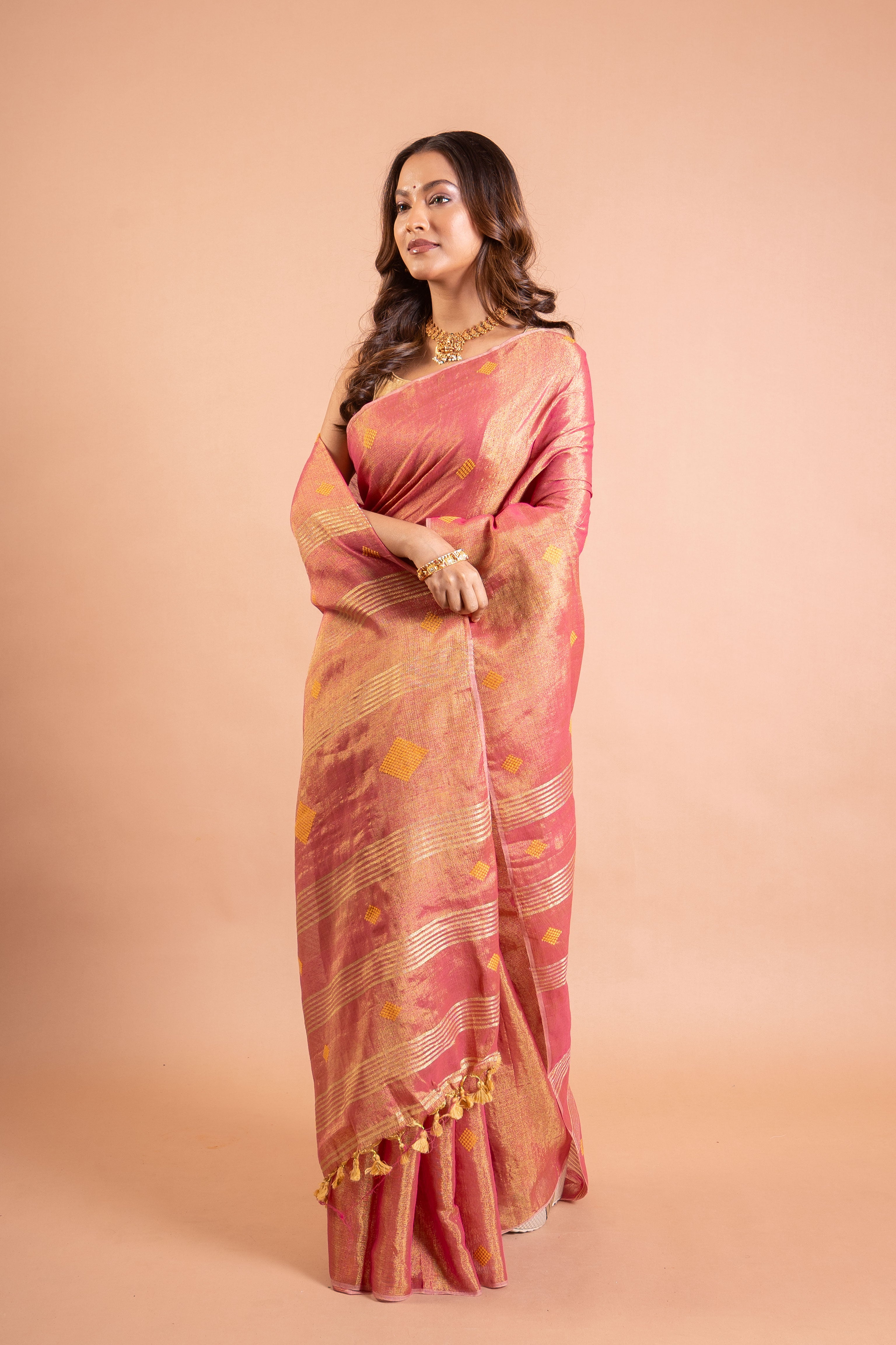 Rose-Gold Buti Linen Tissue Saree with Zari Striped Pallu