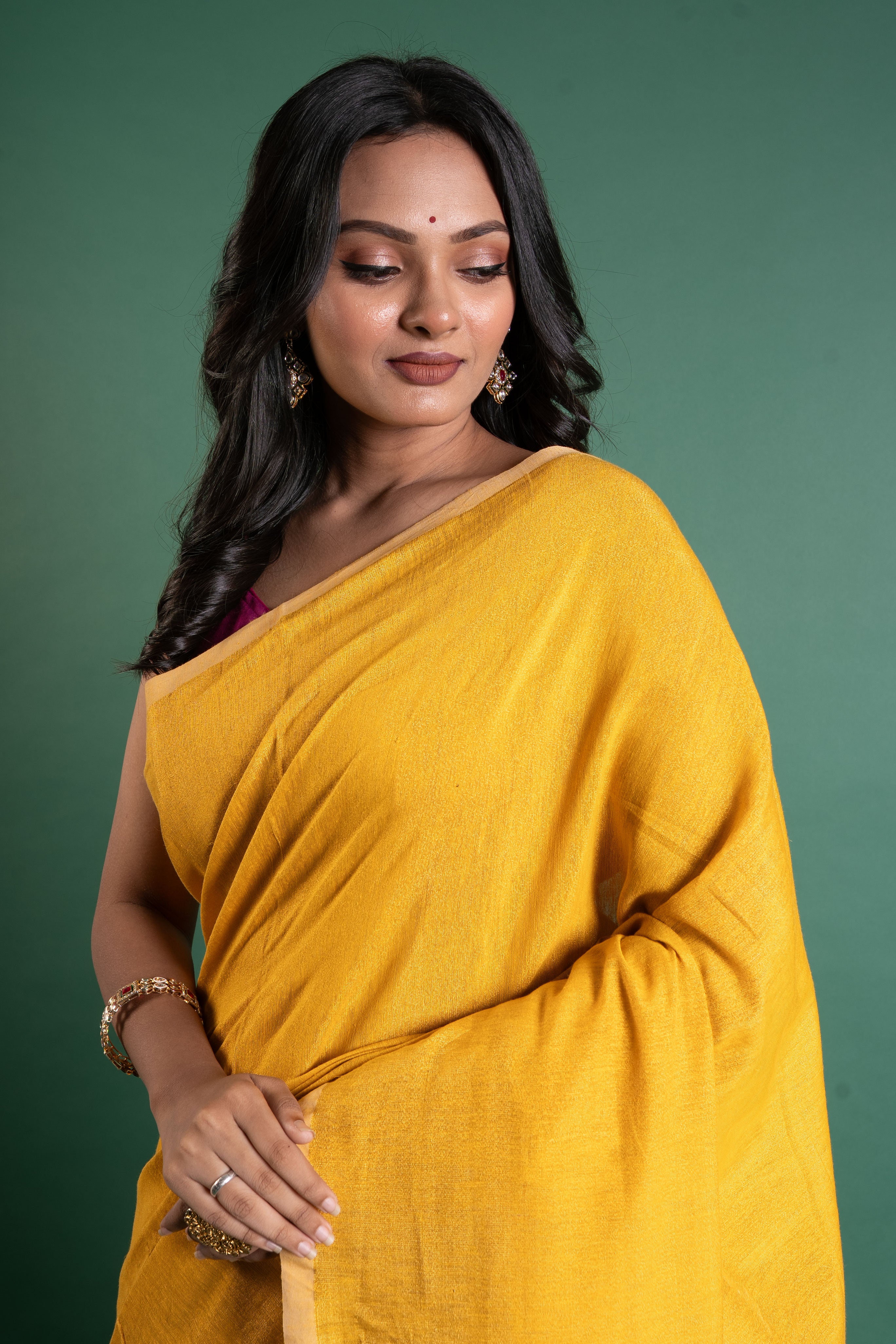Suryakanti Mustard Linen Tissue Saree with Gold Stripe Pallu
