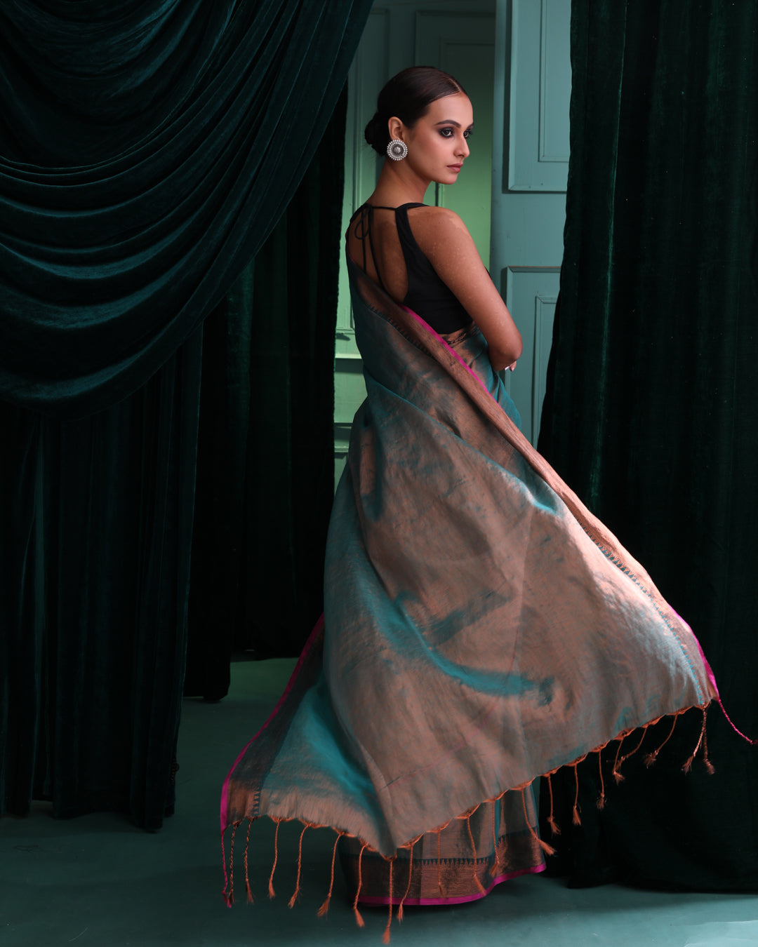 TEAL TWILIGHT (HANDLOOM COTTON BLEND SAREE)