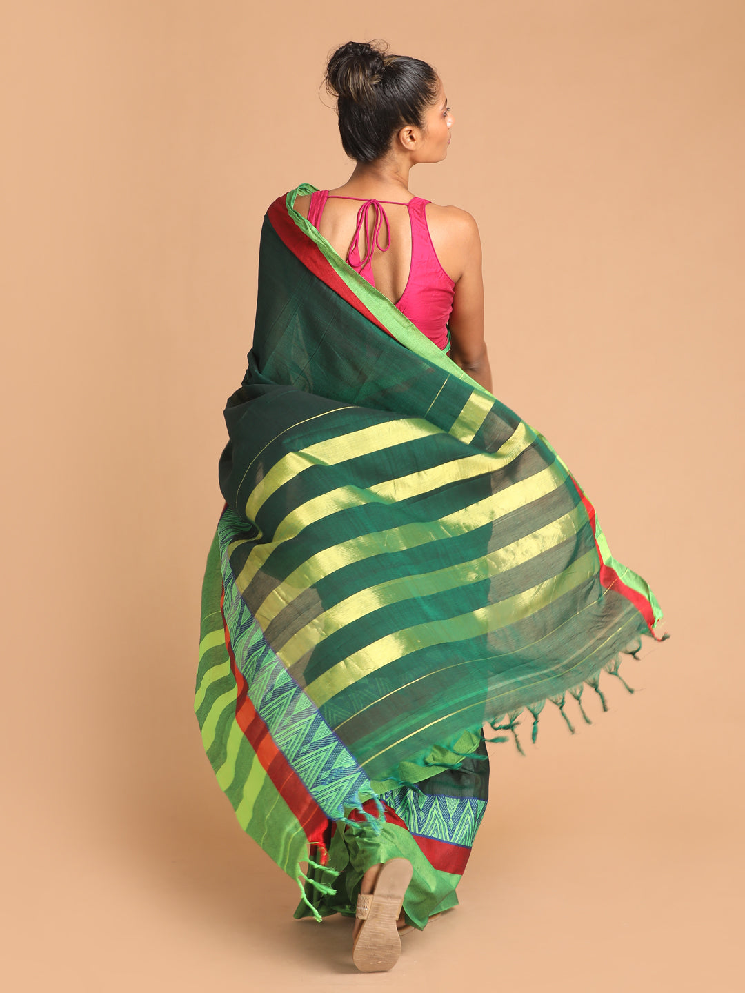 Indethnic Bottle Green Pure Cotton Woven Design Saree - View 3