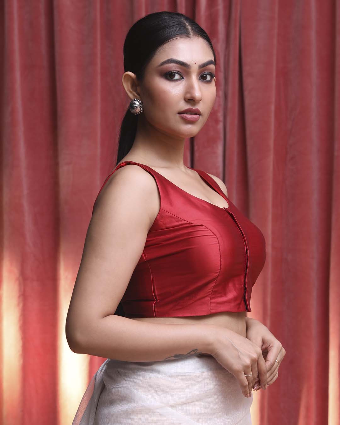 Indethnic Red Daily  Wear U-Neck Sleeveless Blouse(DESIGNER  SAREE BLOUSE)