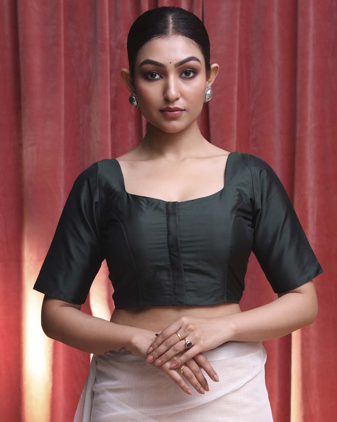 Indethnic Green Daily  Wear Square Neck Short Sleeves Blouse(DESIGNER  SAREE BLOUSE)