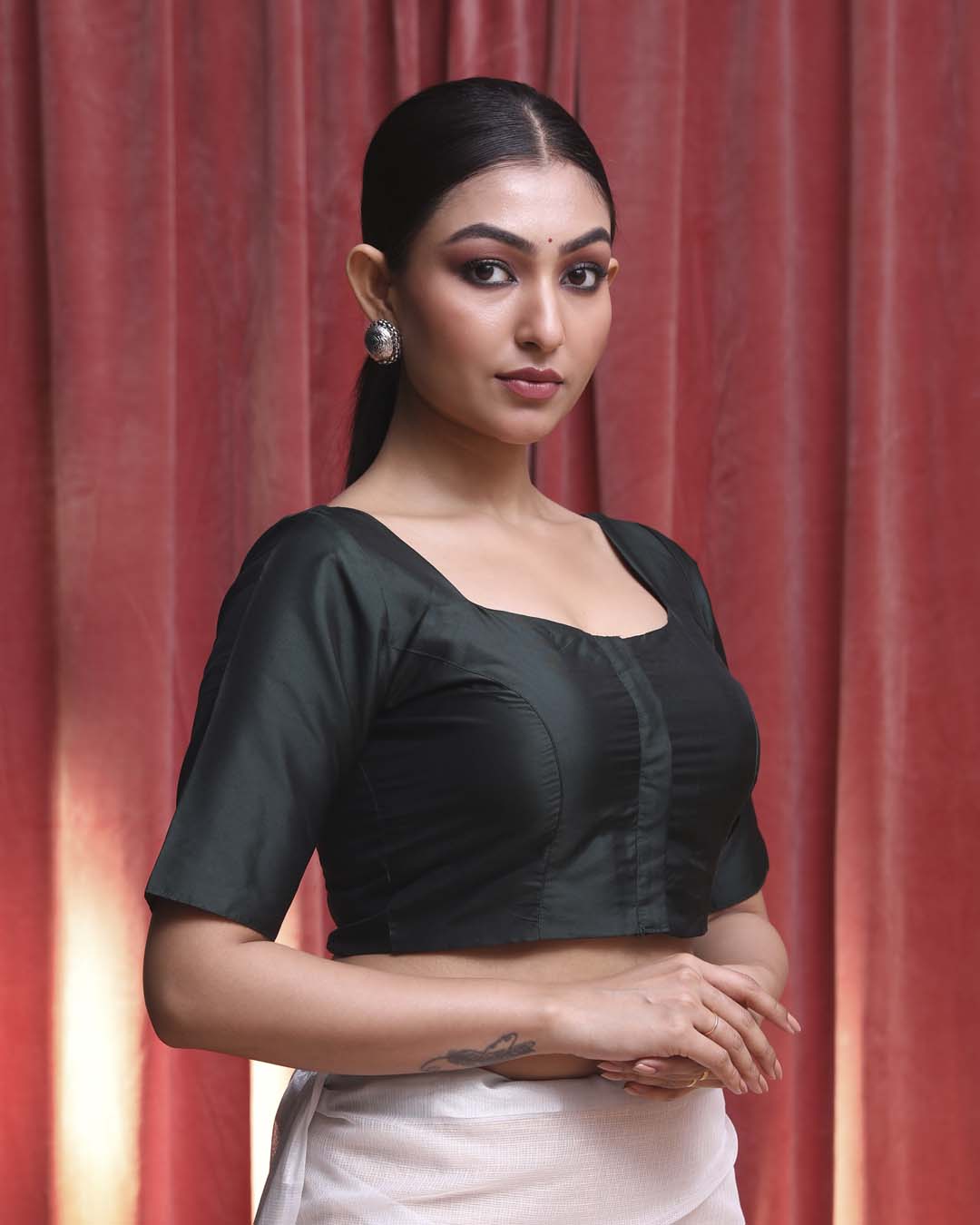 Indethnic Green Daily  Wear Square Neck Short Sleeves Blouse(DESIGNER  SAREE BLOUSE)