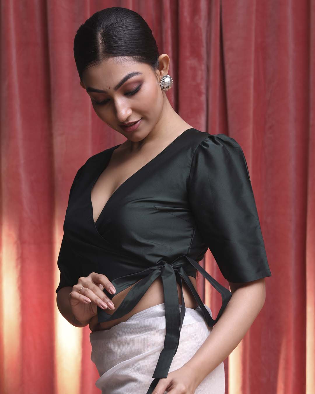 Indethnic Green Daily  Wear V-Neck Short Sleeves Blouse(DESIGNER  SAREE BLOUSE)