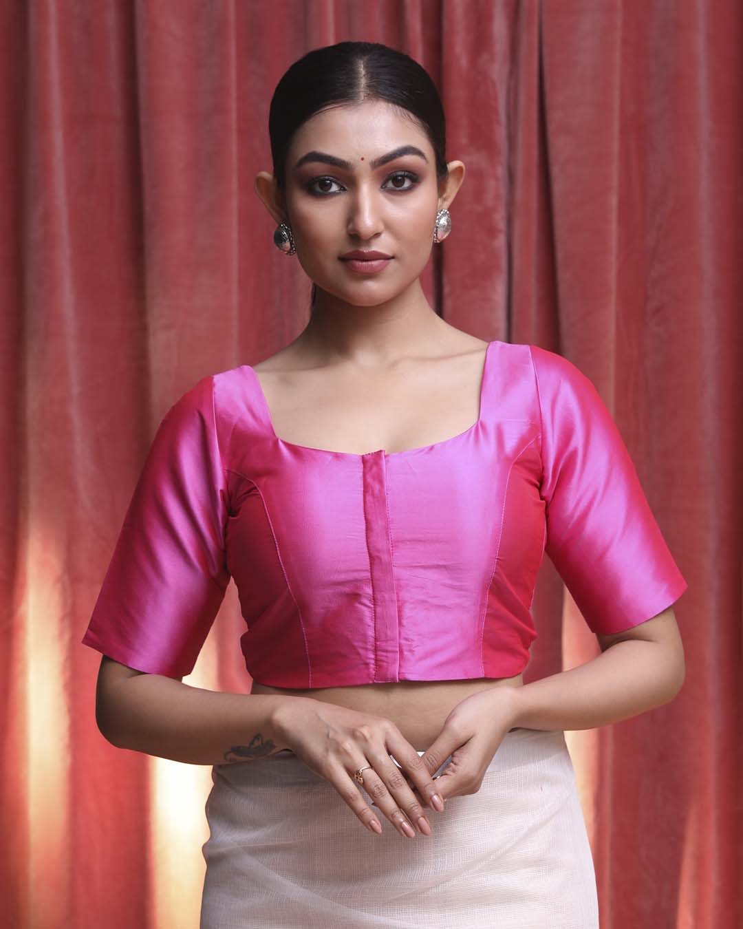 Indethnic Pink Daily Wear Square Neck Short Sleeves Blouse(DESIGNER  SAREE BLOUSE)